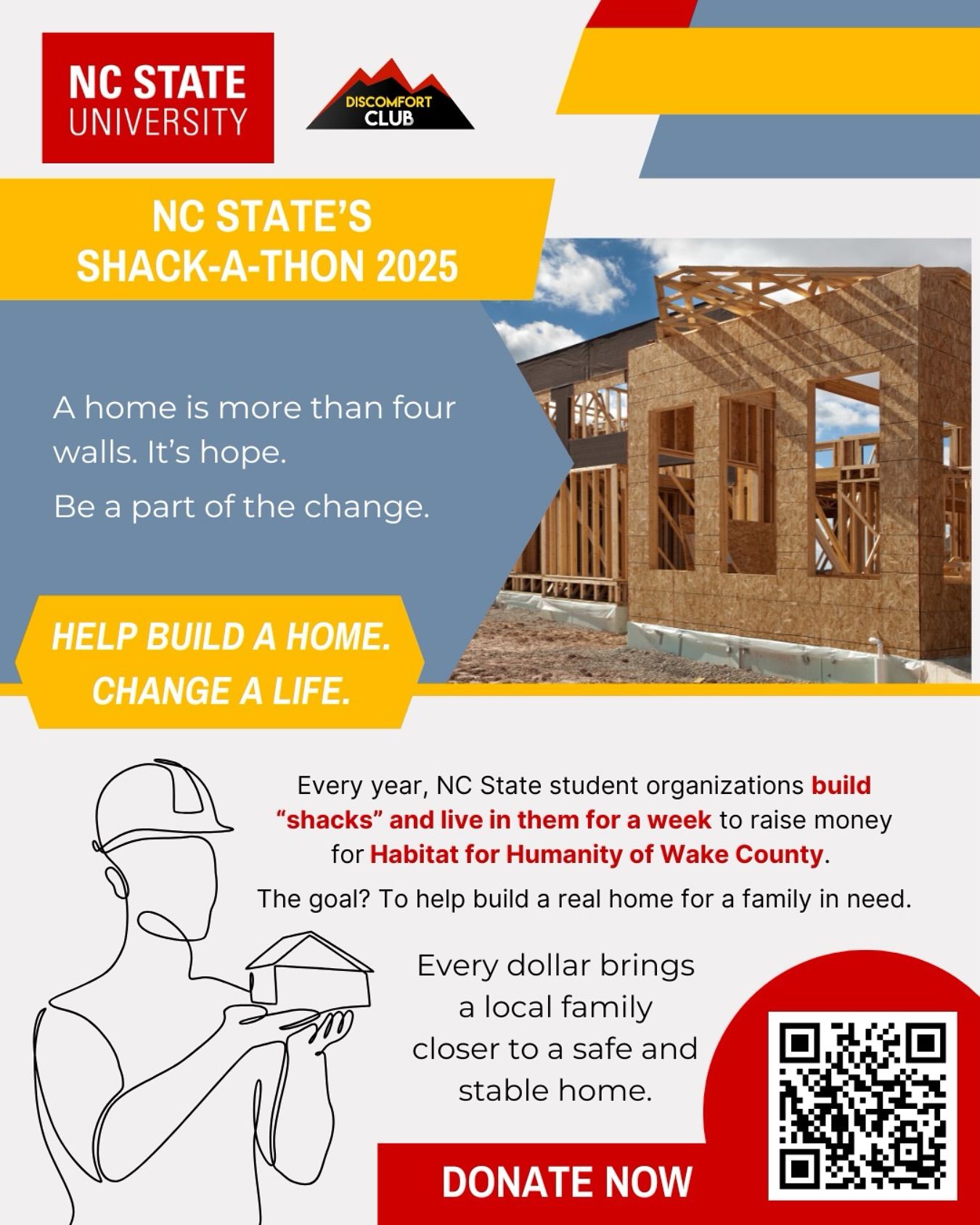 You can also comment or DM “SHACK” to be sent a donation link.
If you’re on campus, please come by our shack for an experience- we have a lot of fun things lined up for you!
🏔️
🏔️
🏔️
🏔️
🏔️
#shackathon #habitatforhumanity #ncstateuniversity #discomfortzone #discomfortclub #ncstate #ncsu #ncstateoncampus #studentlife #college #collegelife #growth #community #raleighnc #challenge