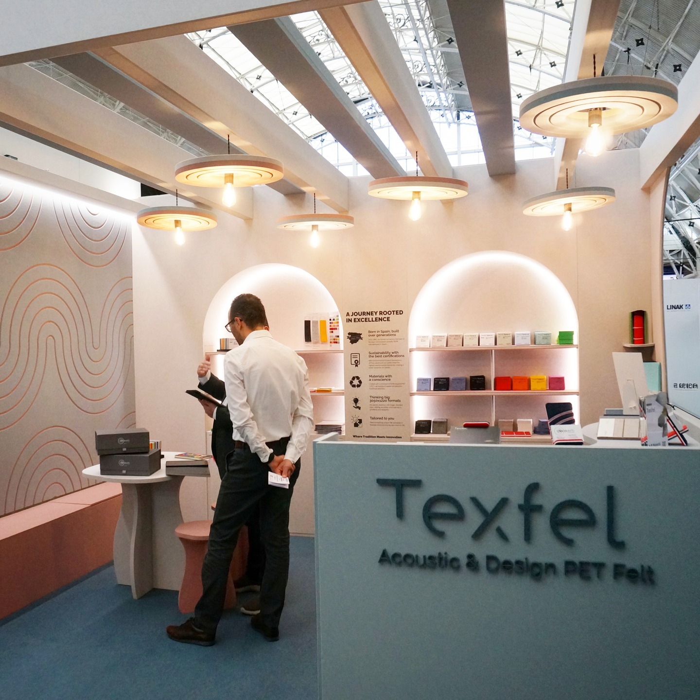 In February, we were building two stands at the Business Design Centre for Workspace Design Show London.
We often work with clients from the construction or design industries who are looking to showcase their range of specialised materials, where product placement is paramount, or integrating their offerings effectively into the stand design is a key part of their brand communication.
Decoverb's stand featured walls and even furniture made from panels of Texfel® Acoustic & Design PET Felt - their eco-friendly Echo Colour range features sturdy, sound-proof material in vibrant colours made from recycled plastics, combining sustainability with visual appeal and functional design.
Arpa Industriale wanted to put the spotlight on their fantastic range of laminates from Formica Group Europe, perfect for kitchen and bathroom countertops, cabinets, furniture and wall panels.
Are you an exhibitor in a construction or design sector looking for a flexible stand builder you can trust to integrate and showcase the very best of your products into your stand design and displays?
Get in touch today:
01795 713086
sales@esm-uk.com
@formicagroupeu
@decoverbeurope
@texfel_designfelt
@workspacedesignshow
#workspace #workspacedesign #workspacedesignshow #materials #production #exhibition #stand #businessdesigncentre #bdc #show #showcase #product #spotlight #london #design #laminate #felt #acoustic #panel #countertops