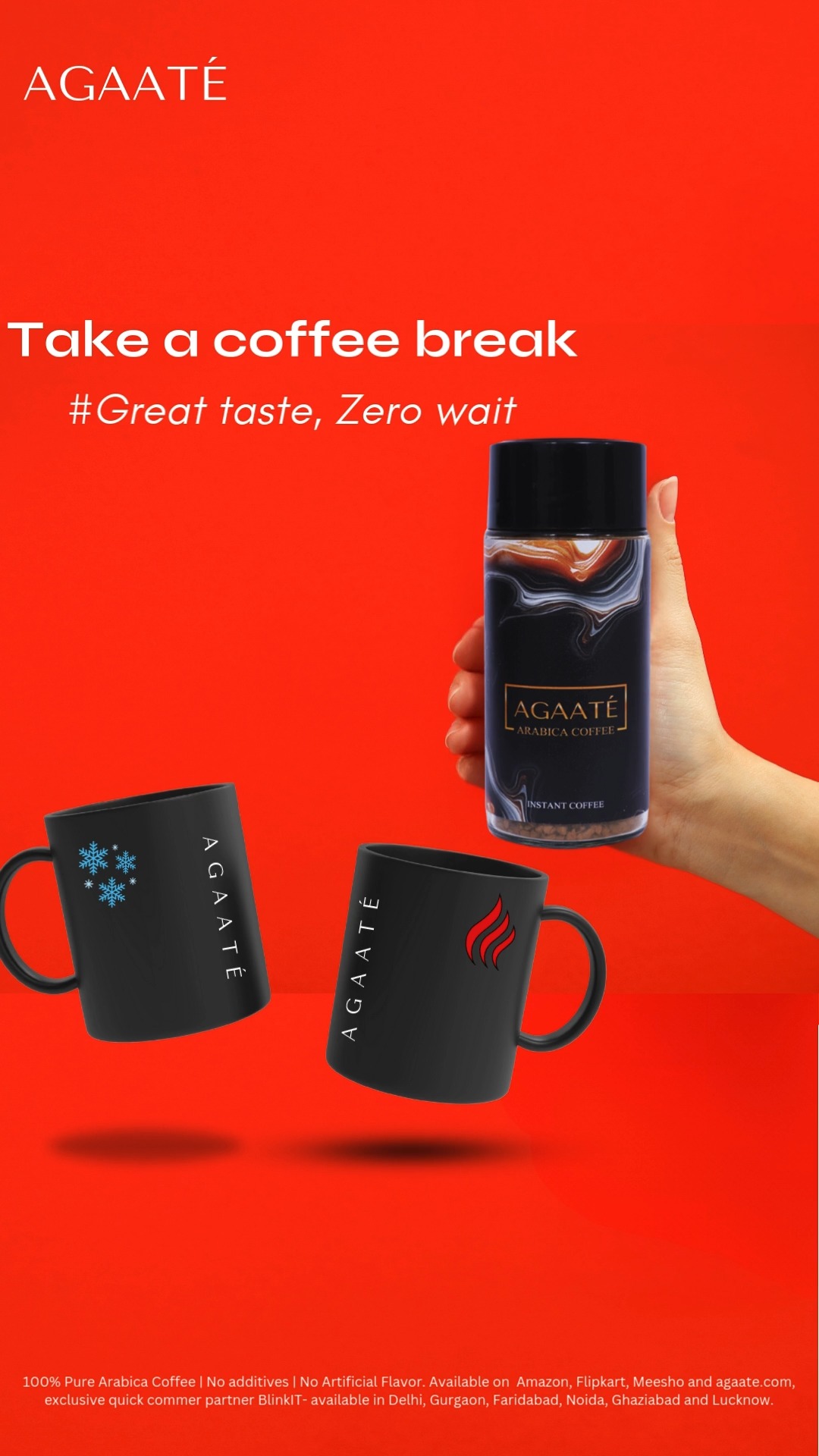 Enjoy Cool Frappe, Cold coffee, or just black hot coffee with 100% pure AGAATE Arabica Instant coffee. Freeze dried coffee granules. Pure coffee. 20% discount. Delivered in 10 mins with BlinkIT. #great-taste,zero-wait, #coffeelove #bestcoffee