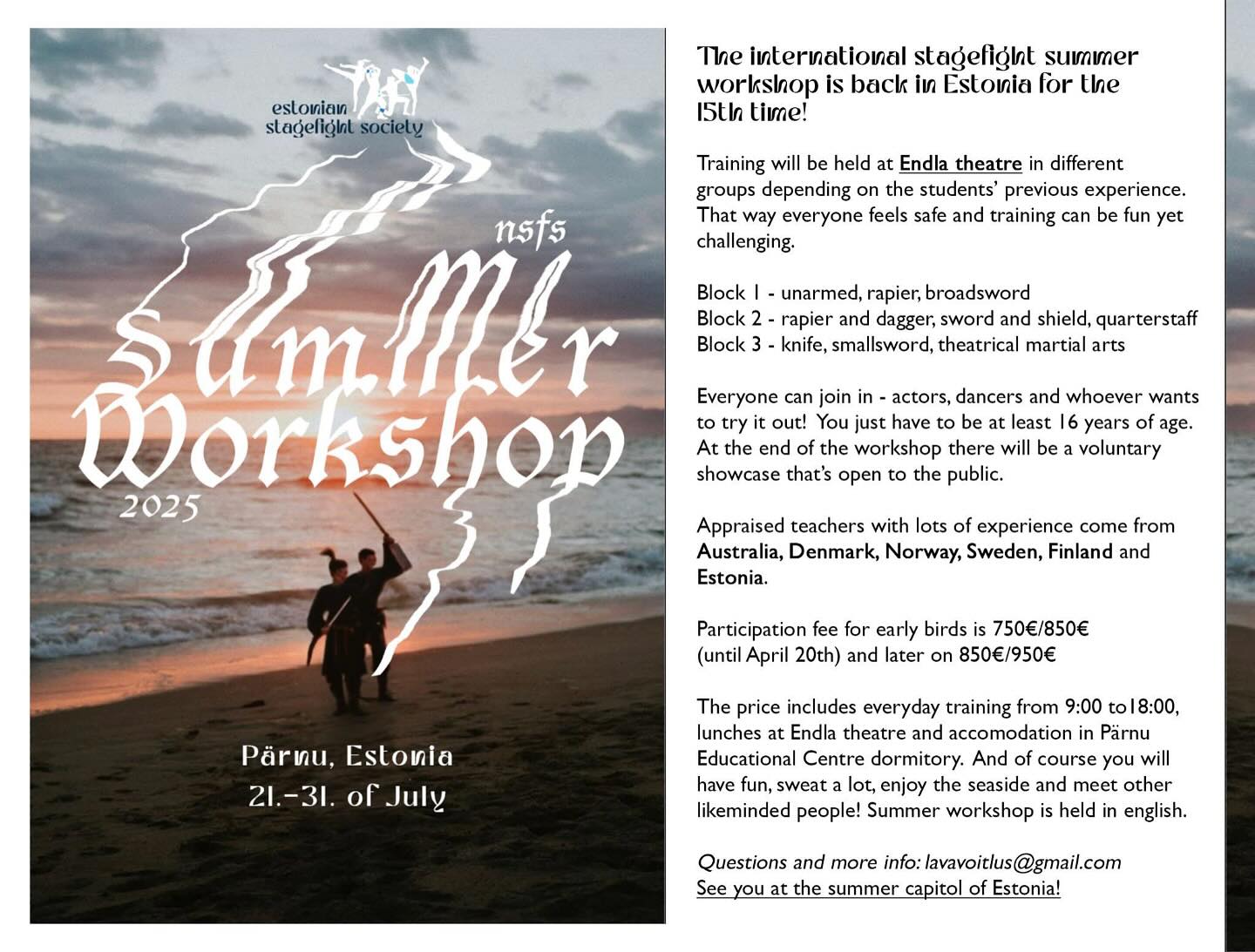 Hello fellow fighters! Nordic Stage Fight Society’s Summer Workshop will take place in Estonia this summer. Our teachers Oula Kitti and Iiro Heikkilä are the workshop’s principals and are working hard on creating the most exciting syllabus and gathering a crew of talented teachers.
Registration is now open and the Earlybird discount lasts until April 20th!
Registration and more info: @estonianstagefightsociety and @nordicstagefight
#summerworkshop #nordicstagefightsociety #stagecombat #stagecombattraining #stagefight