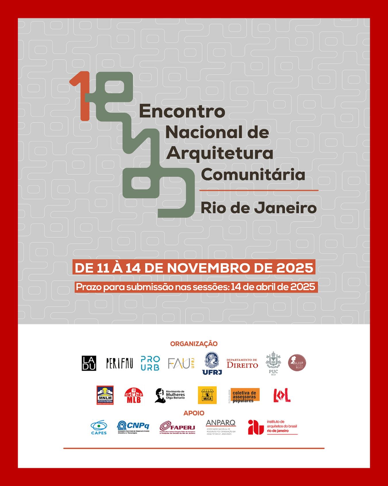 A Federação Nacional de Estudantes de Arquitetura e Urbanismo do Brasil (FeNEA) convida todes estudantes de Arquitetura e Urbanismo a participar do I Encontro Nacional de Arquitetura Comunitária, organizado pelos Laboratório de Direito e Urbanismo (LADU) e Coletivo de estudos sobre Urbanismo e Periferia (PERIFAU) do Programa de Pós-graduação em Urbanismo da FAU-UFRJ (PROURB).
O primeiro ENAC no Brasil tem como objetivo fortalecer e articular um debate nacional junto aos Encontros Latino-americanos de Arquitetura Comunitária (ELAC), promovendo um debate extensionista relacionado com a pesquisa, ensino e práticas profissionais.
O ENAC-Rio ocorrerá entre os dias 11 e 14 de novembro de 2025 e o período de submissão de propostas para as Sessões Temáticas já está aberto e segue até o dia 14 de abril de 2025. Todas as informações, incluindo o edital de convocação, formulários de inscrição e cronograma você encontra no site https://enacrj.wordpress.com e no perfil do Instagram @enac_rj