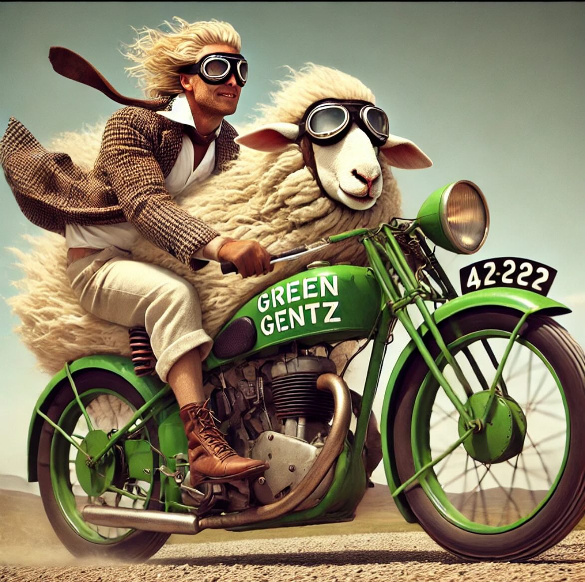 Of course you bring your best mate along for the ride – the sheep who gives us that marvellous tweed fabric. Who else?
Back in the day, tweed wasn’t just a style choice – it was proper protective gear when gentlemen took to their motorbikes. Durable, hard-wearing and warm – wool handled the wind and gravel roads like a dream. And it does seem history has come full circle… only this time, the supplier’s the one behind the handlebars.
Just like at Green Gentz – where classic quality gets a second life, ready for new adventures. #preloved #secondhand #herrmode #vintagefashion #greengentz #tweed
