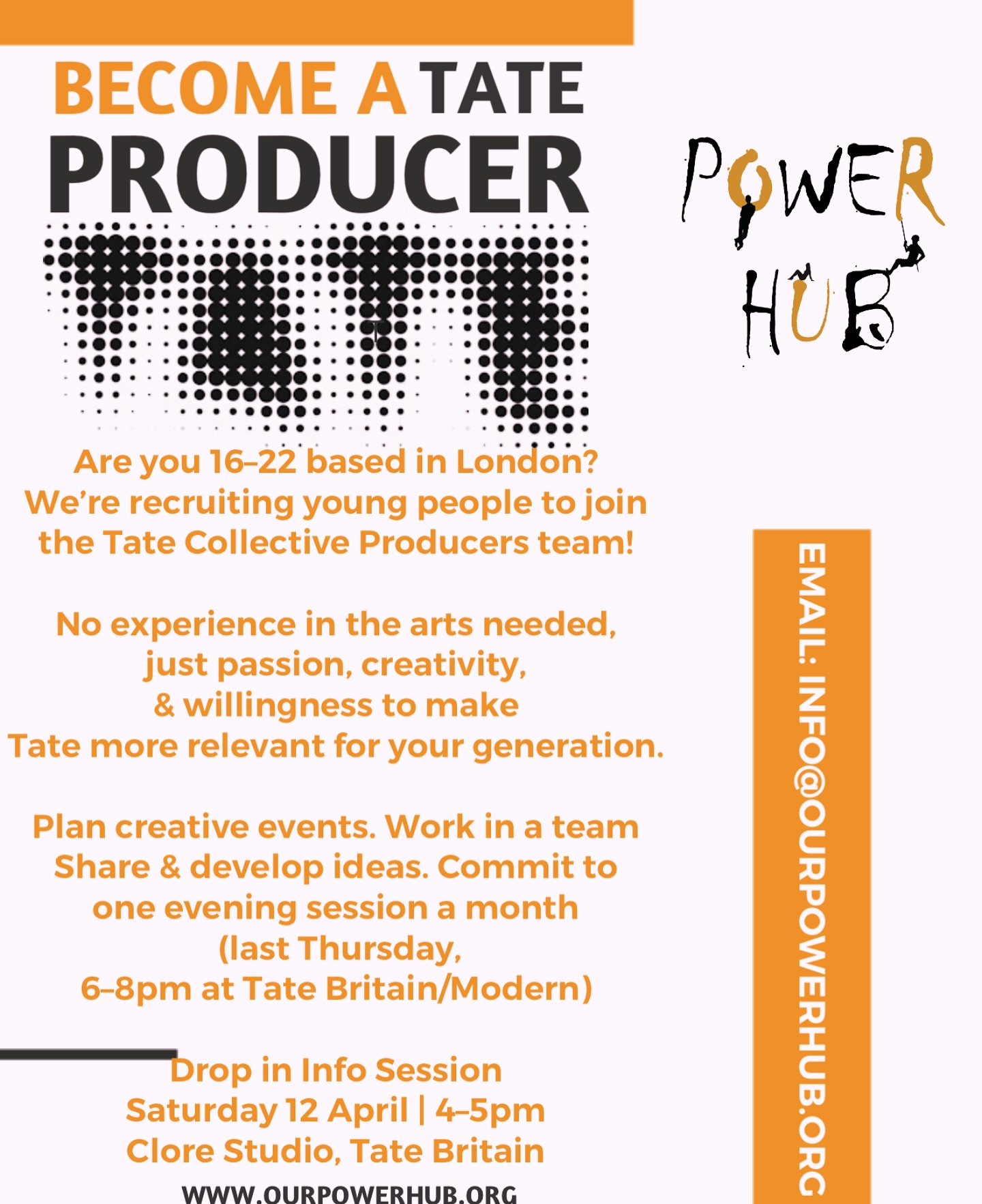 Our Power Hub x Tate Britain, Training & Employment!
Are you 16–22 and based in London?
We’re recruiting young people to join the Tate Collective Producers team! No experience in the arts needed, just passion, creativity, and a willingness to make Tate more relevant for your generation.
🖌️ Plan creative events
🤝 Work in a team
💡 Share and develop ideas
📅 Commit to one evening session a month (last Thursday, 6–8pm at Tate Britain/Modern)
📍Drop-in Info Session
🗓 Saturday 12 April | 🕓 4–5pm
📌 Clore Studio, Tate Britain
📧 Apply by March 30th
info@ourpowerhub.org
#tate #tatebritain #employment #training #for #young #people #oppertunity #applynow #art #producer #ourpowerhub #jobs #london