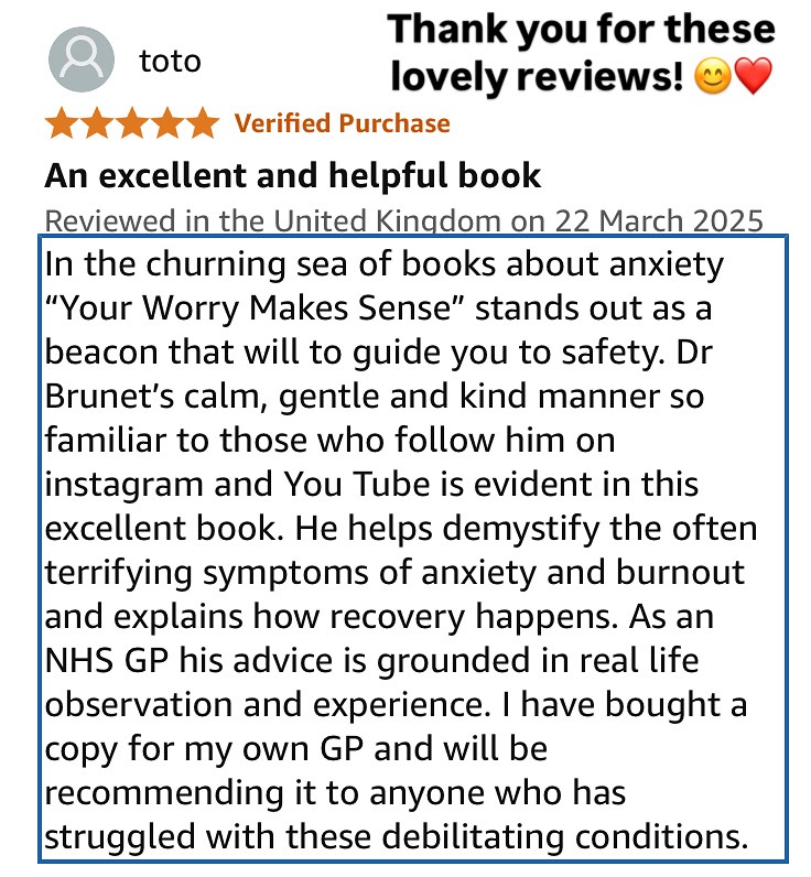 I’m so grateful for the lovely, encouraging Amazon reviews that have been submitted since my book came out last week! 😊❤️
They are really helpful in getting the word out there about the book, so that people who might benefit can find it and know what they can expect if they get a copy. It is a chance to say what you think about the book so that others know how it comes across and why you like it (or don’t like it!)
If you have got a copy and have been taking a look then it would be AMAZING if you could leave a review on Amazon (or Waterstones or wherever you got your copy). I have had so many encouraging messages about how enjoyable the book is to read, how people are relating to it and how they have felt seen (especially about health anxiety!) And, most of all, how it really does make sense!! 😊🎉 Thank you all! It’s been quite a week! 😊
All the links to order or leave a review are in my bio 😊👍
#anxiety #worry #burnout #yourworrymakessense