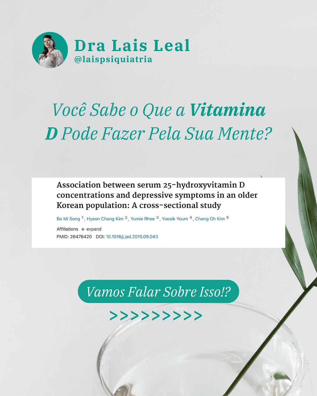 Oii, trazendo hoje esse estudo coreano para vocês. Nele, foram avaliados 2900 pacientes depressivos e a baixa vitamina D entre eles. A conclusão é que suplementando vitamina D em pacientes com deficit, houve uma melhora considerável, principalmente na regulação do humor.
Essa deficiência de vitamina D pode agravar sintomas como tristeza excessiva, dificuldade de concentração, irritabilidade e sentimentos de desesperança.
Na prática já vi pacientes melhorando muito após a suplementação correta. Por isso, sempre solicito a avaliação desses níveis de vitamina D.
Gostaria de agendar sua consulta? Clica no link da Bio e manda mensagem no Whats App. Ficarei muito feliz em atender você :)
Dra Lais Leal
#psiquiatria #saúdemental #consultapsiquiátrica #bemestar #equilíbrioemocional #cuidandodamente #depressão #terapia #vidasaudável