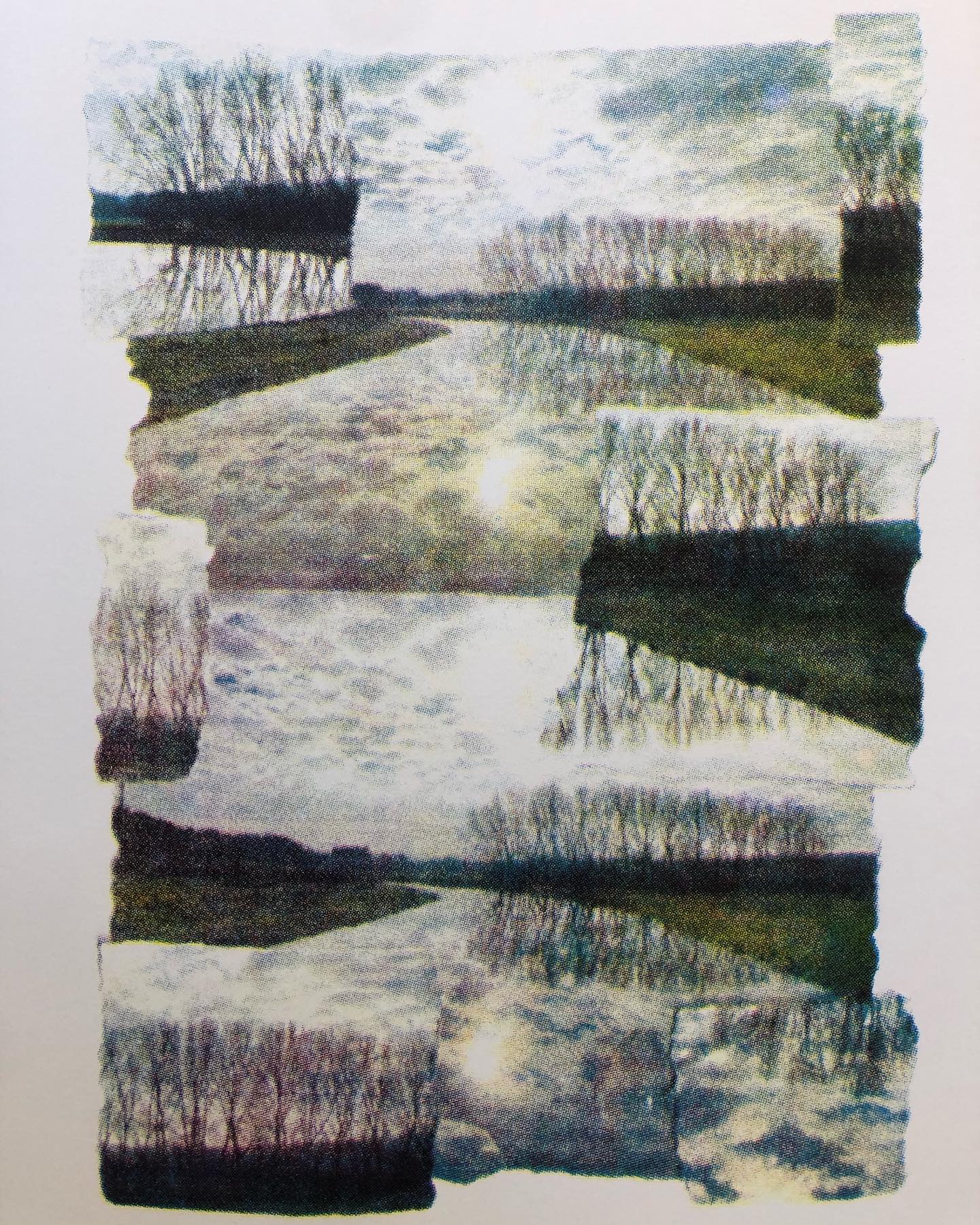 This fantastic 4 colour screenprint was completed this morning on our Screenprint & Collage course by @bsmith2199
It’s a colour halftone image based on a collage Bridget made using her own photographs of a favourite landscape, printed in cyan, magenta, yellow and black. I’m impressed by how luminous the sky is and really love the bottom right hand area where the collaged elements are really noticeable.