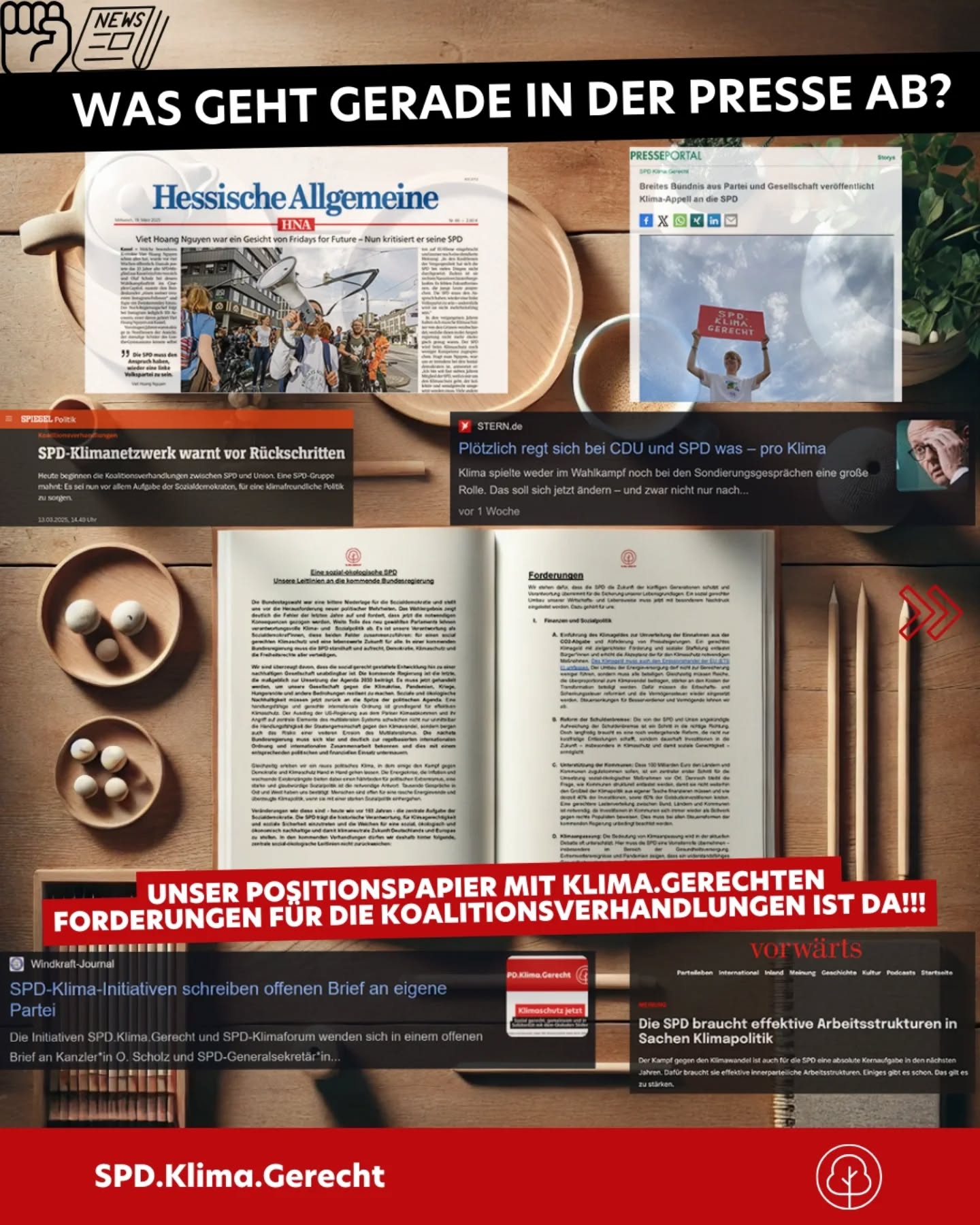 #positionspapier #koalitionsverhandlungen
Eine sozial-ökologische SPD – unsere Leitlinien an die kommende Bundesregierung 💡✊️🌹
Die Bundestagswahl war ein trauriger, aber notwendiger Weckruf für die Sozialdemokratie: Jetzt gilt es für uns Sozis zusammenzustehen und konsequente Schritte für einen wirklich sozial gerechten und kollektiven Klimaschutz und soziale Gerechtigkeit zu gehen ! ✊️🌳 🌍
Wir von SPD.Klima.Gerecht haben ein Positionspapier 📝 erarbeitet, das genau das fordert!
Große Teile des neuen Parlaments lehnen verantwortungsvolle Klima- und Sozialpolitik ab 👎. Umso wichtiger ist es, dass die SPD in einer kommenden Bundesregierung geschlossen und mutig für Demokratie, Klimaschutz und Freiheitsrechte eintritt. Denn nur ein ambitionierter Koalitionsvertrag, der einen klaren Klimakonsens vorgibt, schafft Sicherheit für alle Generationen.
Wir sind überzeugt davon, dass die sozial gerecht gestaltete Entwicklung hin zu einer nachhaltigen Gesellschaft unabdingbar ist. Die kommende Regierung ist die letzte, die maßgeblich zur Umsetzung der Agenda 2030 beiträgt. Es muss jetzt gehandelt werden, um unsere Gesellschaft gegen alle kommenden Krisen und Katastrophen resilient zu machen. Soziale und ökologische Nachhaltigkeit müssen jetzt zurück an die Spitze der politischen Agenda.
Aus vielen Gesprächen in Ost und West wissen wir: Klimapolitik ist dann am erfolgreichsten, wenn sie eng mit starker Sozialpolitik verzahnt wird. Das war vor 163 Jahren die Aufgabe der Sozialdemokratie – und ist es auch heute. Die SPD trägt eine historische Verantwortung, die Weichen für eine sozial, ökologisch und ökonomisch nachhaltige und damit klimaneutrale Zukunft Deutschlands 🇩🇪 und Europas 🇪🇺 zu stellen.
Lasst uns gemeinsam dafür sorgen, dass Klimaschutz nicht am Verhandlungstisch aufgeweicht wird! ✒️
Wir rufen alle SPD-Gliederungen und alle engagierten Unterstützer:innen auf, unsere sozial-ökologischen Leitlinien zu verbreiten 👍
Jetzt ist die Zeit zum Handeln 🤯 – seid dabei 🫡!
👉 Link zum Positionspapier in der Bio / Story!
#spd #nogroko #klimaschutz #gerechtigkeit #klimagerechtigkeit #klimaaktivismus #spdklimagerecht #aufbruch #umweltschutz