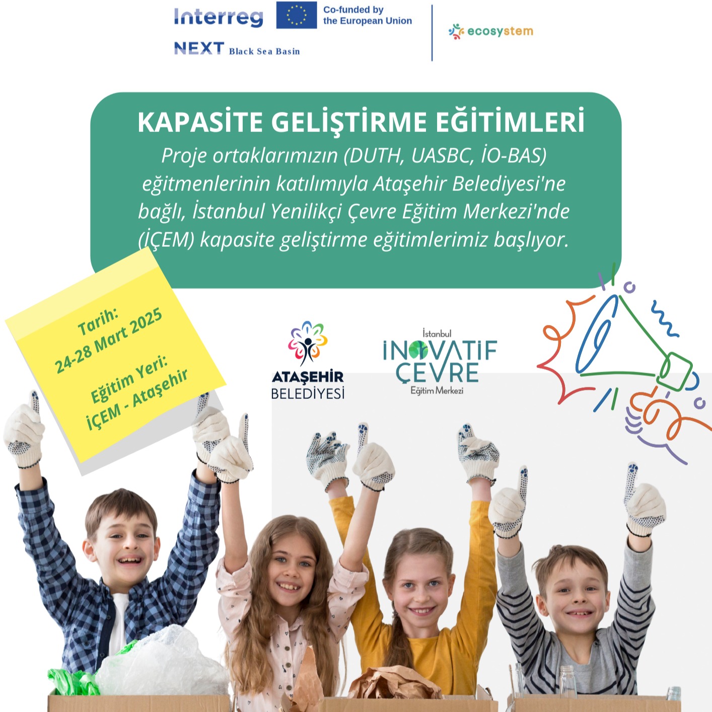 📢 ecosySTEM Projesi'nden Heyecan Verici Haber! 🌱
Interreg NEXT Black Sea Basin Program (BSB00354) kapsamında Capacity Building eğitimimizi bu hafta, 24-28 Mart 2025 tarihleri arasında gerçekleştiriyoruz.
Yunanistan (DUTH), Ukrayna (UASBC) ve Bulgaristan'dan (IO-BAS) gelen eğitmen misafirlerimizi Ataşehir Belediyesi bünyesinde yer alan İstanbul İnovatif Çevre Eğitim Merkezi'nde (İÇEM) ağırlamaktan mutluluk duyuyoruz.
Bu eğitim, geleceğin liderlerini yetiştirmek açısından son derece önemli olup dört ortak ülkede kurulacak yenilikçi eğitim merkezlerinin oluşturulması yönünde atılan önemli bir adımdır. 🌍
Ataşehir Belediyesi'ne, İstanbul İnovatif Çevre Eğitim Merkezi'ne (İÇEM) ve Interreg NEXT Karadeniz Havzası Program Otoritelerine destek ve iş birlikleri için özel teşekkür ederiz.
Çevre için değişim yaratacak yeni nesilleri güçlendirmeye devam ederken gelişmeler için bizi takipte kalın! 🌿✨
#ecosystem #KapasiteGeliştirme #ÇevreEğitimi #GeleceğinLiderleri #InterregNEXT #KaradenizHavzası #BSB00354 #AtaşehirBelediyesi #İÇEM #SınırÖtesiİşbirliği #ÇevreFarkındalığı #Sürdürülebilirlik #AvrupaBirligiBaskanligi
***
📢 Exciting News from ecosySTEM Project! 🌱
As part of the “Interreg NEXT Black Sea Basin Program” (BSB00354), we're delighted to announce that our Capacity Building Training is taking place this week, from 24-28 March 2025.
We warmly welcome our guest trainers from Greece (DUTH), Ukraine (UASBC), and Bulgaria (IO-BAS), joining us at the Istanbul Innovative Environmental Education Center (İÇEM) under Ataşehir Municipality.
This training is crucial for nurturing future leaders and marks a significant milestone towards establishing innovative educational centers in four partner countries. 🌍
Special thanks to Ataşehir Municipality, İstanbul Innovative Environmental Education Center (İÇEM) and the Programme Authorities of Interreg NEXT Black Sea Basin Program for their support and collaboration.
Stay tuned for updates as we continue to empower the next generation of environmental changemakers! 🌿✨
#ecosystem #CapacityBuilding #EnvironmentalEducation #FutureLeaders #interregnext #blackseabasincbc #AtaşehirBelediyesi #İÇEM #CrossBorderCooperation #Env