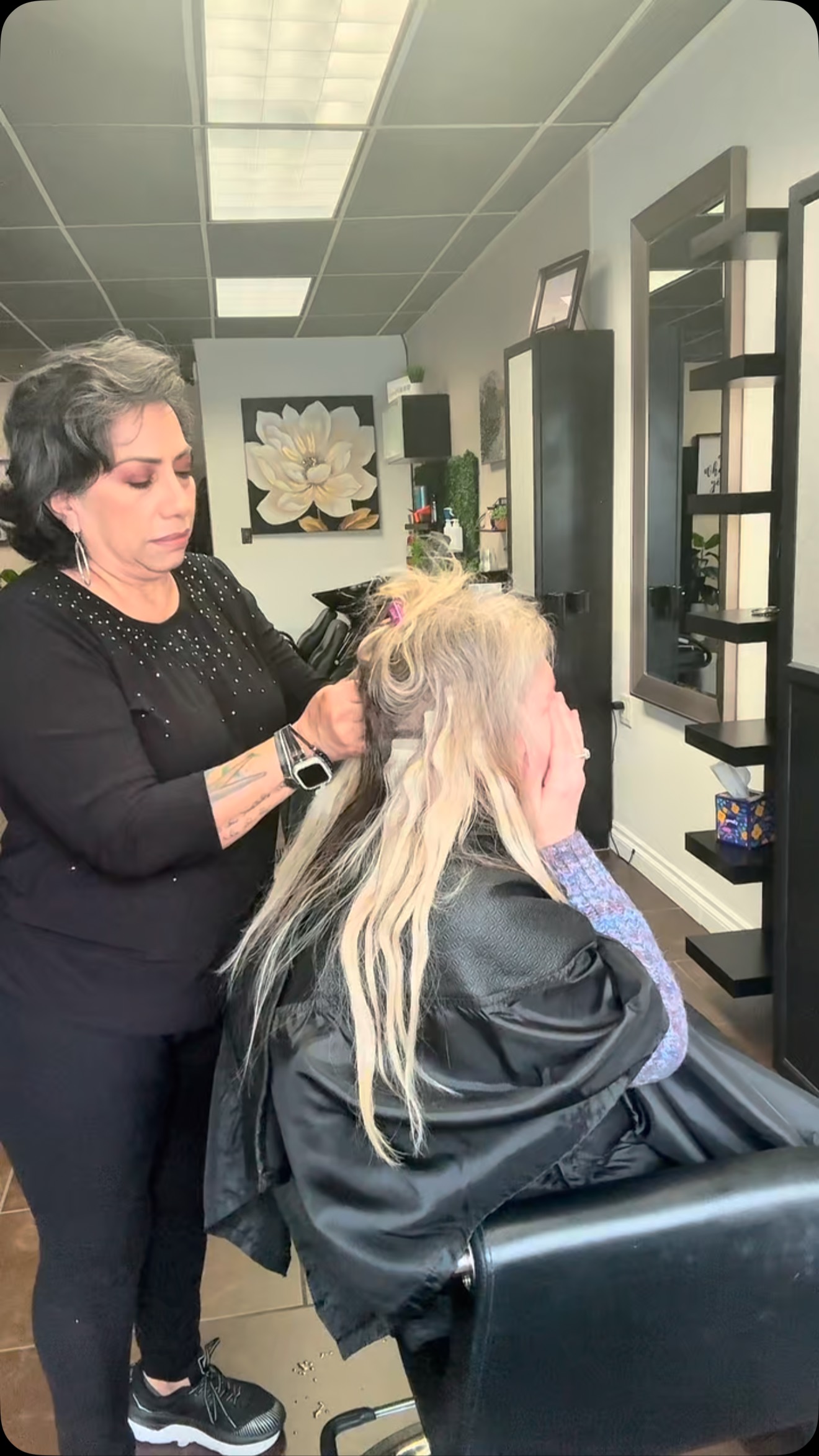 We put tape Extensions but immediately realized that we got a bad batch so we took him out and put her new ones in with some beautiful colors. #PeacockColors #TheExtensionQueen #HairExtensionsTemecula #HairExtensions.