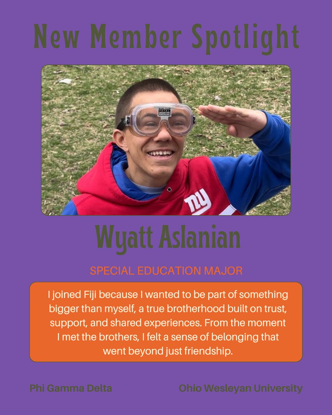 **New Member Spotlight** Welcome to FIJI Wyatt! Wyatt is a special education major who aspires to become a teacher and change the lives of our next generation. We hope to see that happen. P!🟪