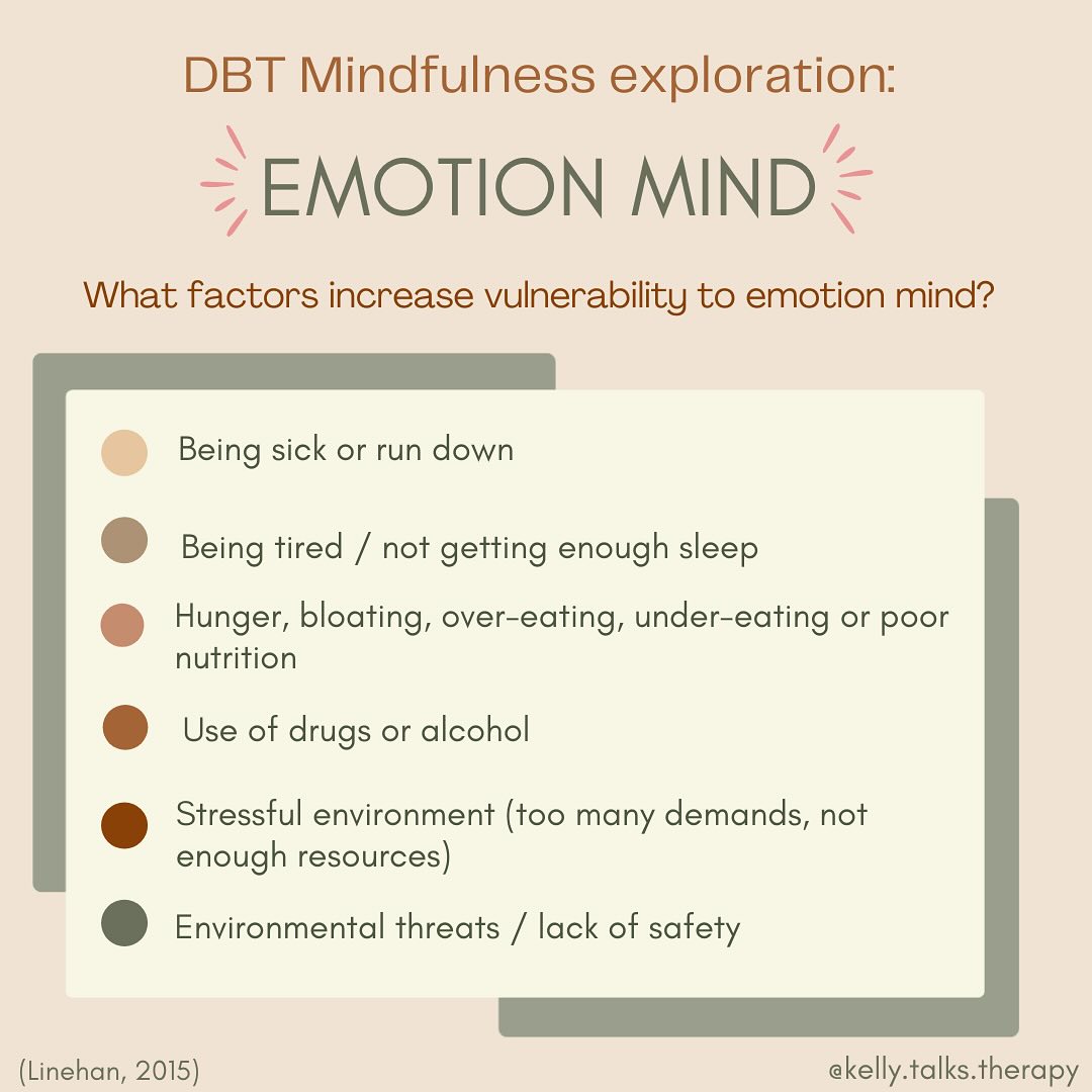 We can experience a highly intense emotion and not be in “emotion mind”. When we are in emotion mind we act out of passion, anger, sadness or detachment. This is not a good or bad place to be, rather something to be mindfully aware of. When we operate out of emotion mind it can be ineffective - one way to support ourselves is to identify when we are in emotion mind and work towards blending logic and reason to connect with wise mind - the inner wisdom we all have ✨