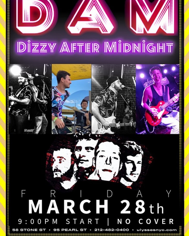 Join us this Friday, March 28th, at 9 PM for an electrifying night at Ulysses’ Folk House on Stone Street! Experience the vibrant nightlife of NYC’s Financial District with live music that’ll keep you moving all night long.
#DizzyAfterMidnight #LiveMusicNYC #UlyssesFolkHouse #StoneStreet #NYCNightlife #FridayVibes #SupportLocalMusic #NightOutNYC
Ulysses’ Folk House is located at 58 Stone Street, New York, NY 10004. We can’t wait to see you there!