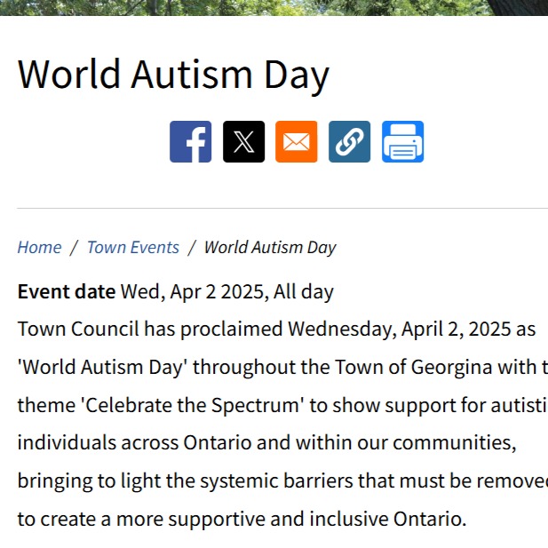 🌟 A Heartfelt Thank You to the Town of Georgina 🌟
We are incredibly grateful to the Town of Georgina for their ongoing support of the autism community. Your commitment helps create more inclusive spaces, resources, and opportunities for children and families to thrive.
💙 According to the CDC, 1 in 36 children has been identified with autism spectrum disorder (ASD), with boys being nearly four times more likely to be diagnosed than girls. These numbers highlight just how many families are walking this journey — including many right here in our own community.
Thank you, Georgina, for standing with us and making a meaningful impact. 💙
https://www.georgina.ca/events/world-autism-day
#AutismAwareness #ThankYouGeorgina #CommunitySupport #AutismAcceptance #InclusionMatters #autismunplugged @townofgeorgina #keswick #georgina #eastgwillumbury #pefferlaw
