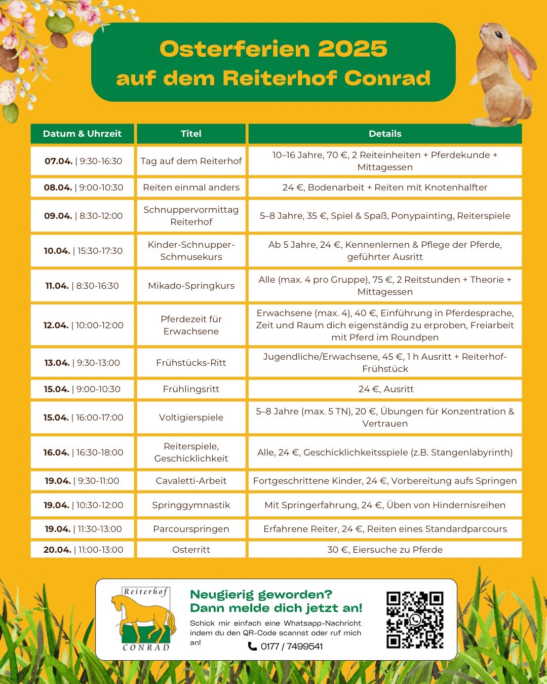 Hey Zusammen. Heute teilen wir mit euch unser neues Osterferienprogramm. Meldet euch gerne bei Nina per WhatsApp um euch anzumelden!
#osterferien #reiterhof #reiterhofconrad #reiten #ferienprogramm