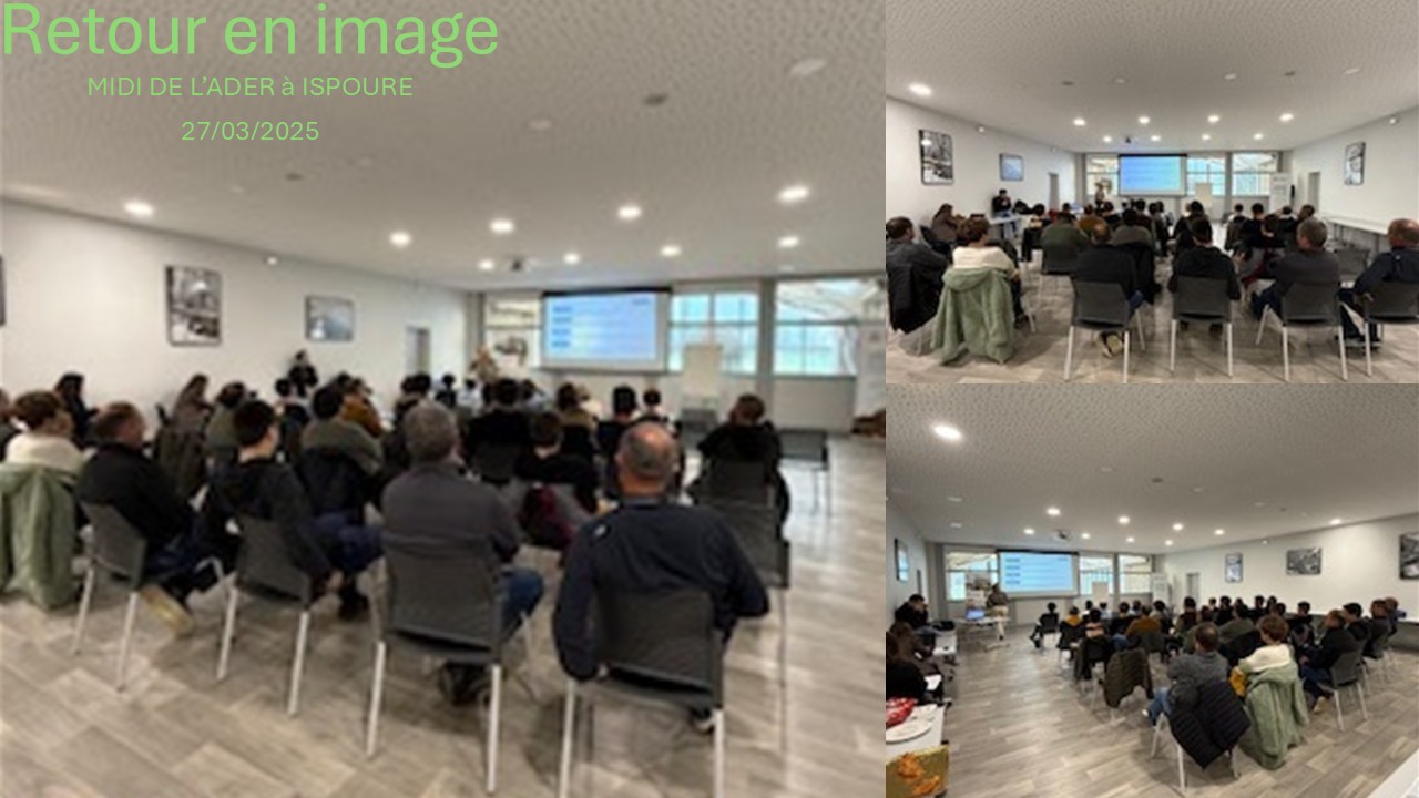 🚜✨ Retour sur un succès à Ispoure ! ✨💻
Ce matin, nous avons eu le plaisir d’organiser une demi-journée à Ispoure, un événement qui a rencontré un franc succès avec un taux de satisfaction élevé. La matinée a été très riche en échanges, avec de nombreuses questions posées et un groupe particulièrement dynamique. Un grand merci à tous les participants pour leur implication et leur intérêt pour les évolutions dans le secteur agricole.
L'ADER reste mobilisé pour répondre aux attentes de ses adhérents et de ses clients, en les accompagnant à travers les changements qui impactent notre secteur. Nous sommes là pour fournir les informations et les formations nécessaires afin d’anticiper les évolutions à venir.
Au programme de cette matinée :
Facture électronique : Comprendre les changements et la préparation de l'ADER pour cette révolution numérique
Formations en agriculture : Découvrez le calendrier des formations pour 2025
PAC 2025 : Adaptations et enjeux pour l'avenir de l'agriculture
Certiphyto & Conseil Stratégique Phytosanitaire : Nouvelles réglementations pour 2025
Nous vous invitons à nous rejoindre lors de nos prochaines sessions pour rester informés sur les dernières évolutions du secteur agricole et pour continuer à progresser ensemble ! 💪🌱
N'hésitez pas à vous rapprocher de votre agence ou de votre consultant pour plus de détails.