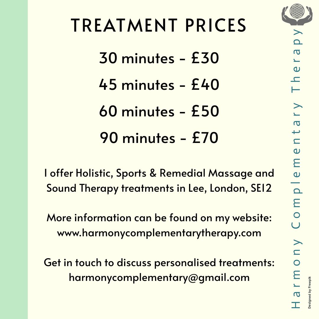 Treatments starting from £30.
Holistic, Sports & Remedial Massage and Sound Therapy.
More details on the website in my bio.
#massagetherapy #holisticmassage #sportsmassage #remedialmassage #soundtherapy
#lee #hithergreen #catford #grovepark #blackheath #eltham #mottingham