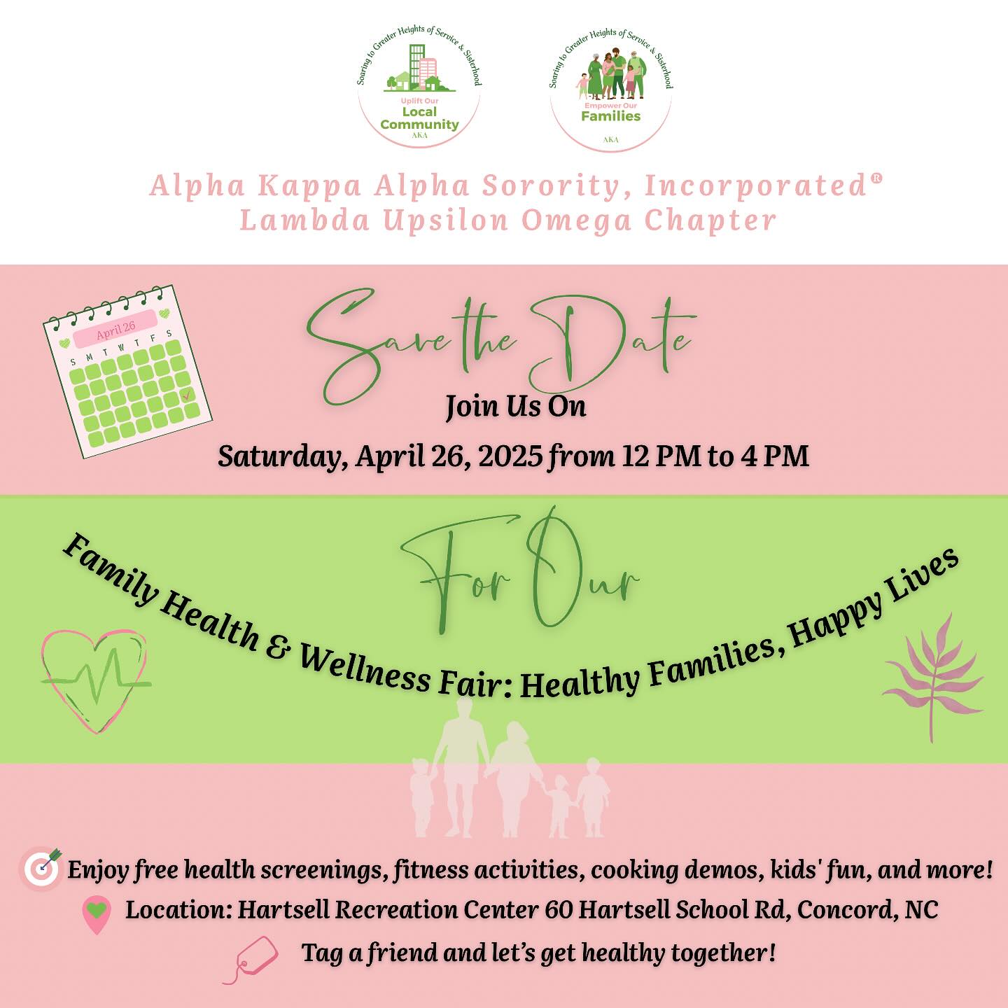 Mark your calendars! Join us on Saturday, April 26, 2025 from 12 PM to 4 PM for our Family
Health & Wellness Fair: Healthy Families, Happy Lives .
Enjoy free health screenings, fitness activities, cooking demos, kids’ fun, and more!
Location: Hartsell Recreation Center 60 Hartsell School Rd, Concord, NC 28025
Tag a friend and let’s get healthy together!
#LUO #AKAHealthyFamilies #WellnessFair #healthiswealth