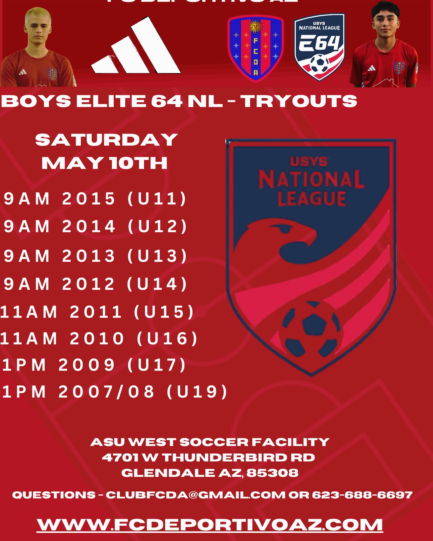 FC Deportivo TRYOUT dates for 25/26 season.
FC Deportivo will be playing Elite 64 NL /Premier 1 and AZ State league.
Sign ups at www.fcdeportivoaz.com
