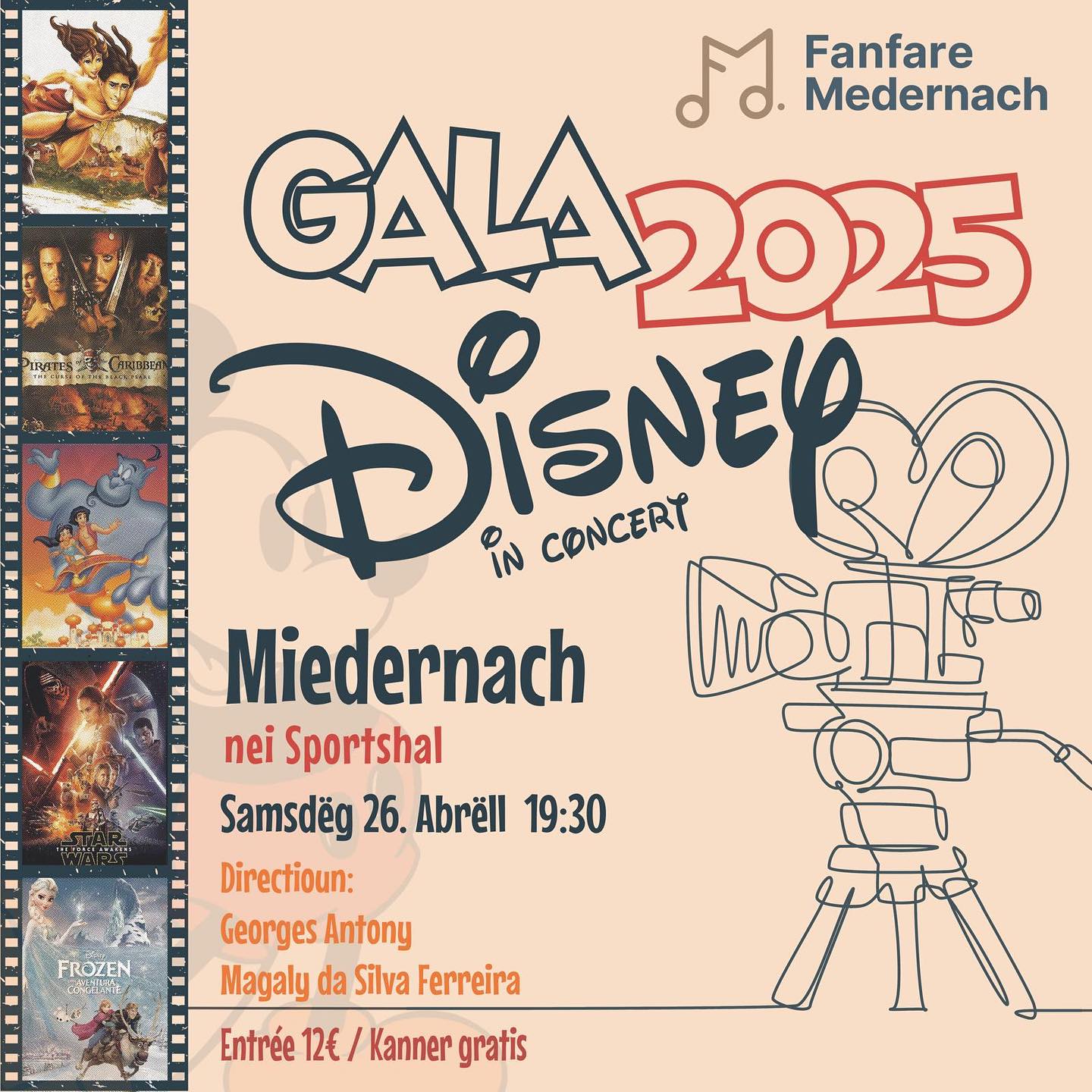 Léif Frënn vun der Miedernacher Musek,
et ass endlech nees sou weit... eise Gala Concert 2025 mam Thema Disney steet virun der Dier.
Daucht matt eis Samschdeg de 26. Abrëll um 19:30 an eng Welt voller Magie, Fantasie an Abenteuer an, a begleet eis op dësem besonneschen Owend op enger Rees vum Dschungel, an d’Karibik bis an den déiwe Weltall.
Mier freeën eis iech ze gesinn a soen nach ee grousse Merci un eis Donateuren a Sponsoren.