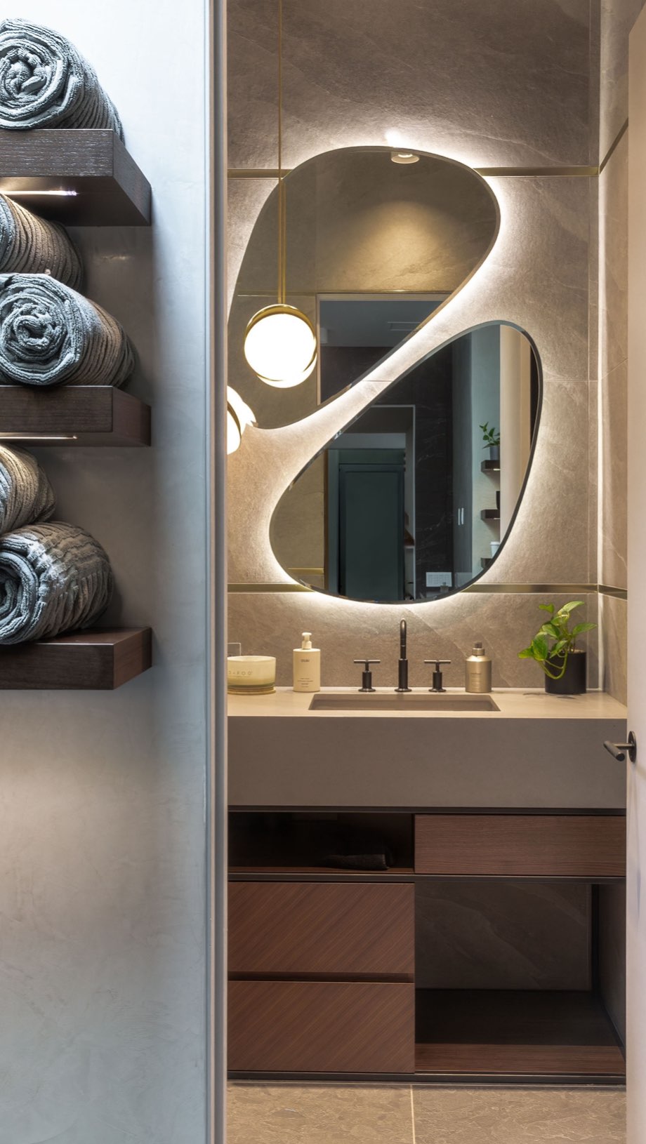 The Powder Room Retreat ✨
Step into tranquility with this stunning powder room, nestled within the spa area of the home. A seamless blend of natural stone and warm wood creates an atmosphere of refined relaxation, while soft, ambient lighting enhances the space with a gentle glow. Every detail is designed to evoke a spa-like serenity, making this the perfect place to pause, refresh, and rejuvenate.
Would you change anything here ? Watch till the end to see renderings ☝🏼
#InteriorDesign #PowderRoomGoals #LuxuryInteriors #SpaVibes #NaturalElegance #HomeSanctuary
Thank you for great cabinetry work to @imperialcabinets.inc
And for capturing this design to @gennymollerphotography
#custom #kitchenideas #designer #interiordesigner #homeimprovement #kitchenisland #customcabinetry #carpentry #furnituredesign #kitcheninspo #livingroom #bathroomdesign #dreamkitchen #architecture #bathroomremodel #wardrobe #woodwork #modernkitchen