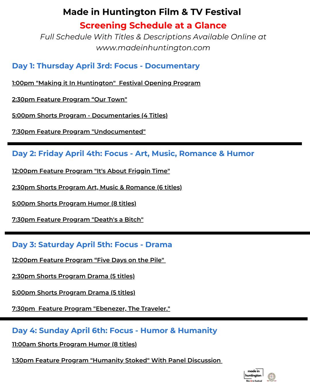 Join us next week Thursday - Sunday, April 3-6, for the New York Area's Newest Film & TV Festival, the Made in Huntington Film & TV Festival at the Cinema Arts Centre in Huntington!
.
View our screening schedule here at a glance to a get a sense of the amazing screenings we have lined up from emerging and professional filmmakers from right here in Huntington and across the country!
.
Tickets available now online on our website: www.madeinhuntington.com!
.
Don't miss out! Attend the Made in Huntington Film & TV Festival!
.
#madeinhuntington #filmfestival #huntington #screenings #tickets #onsale