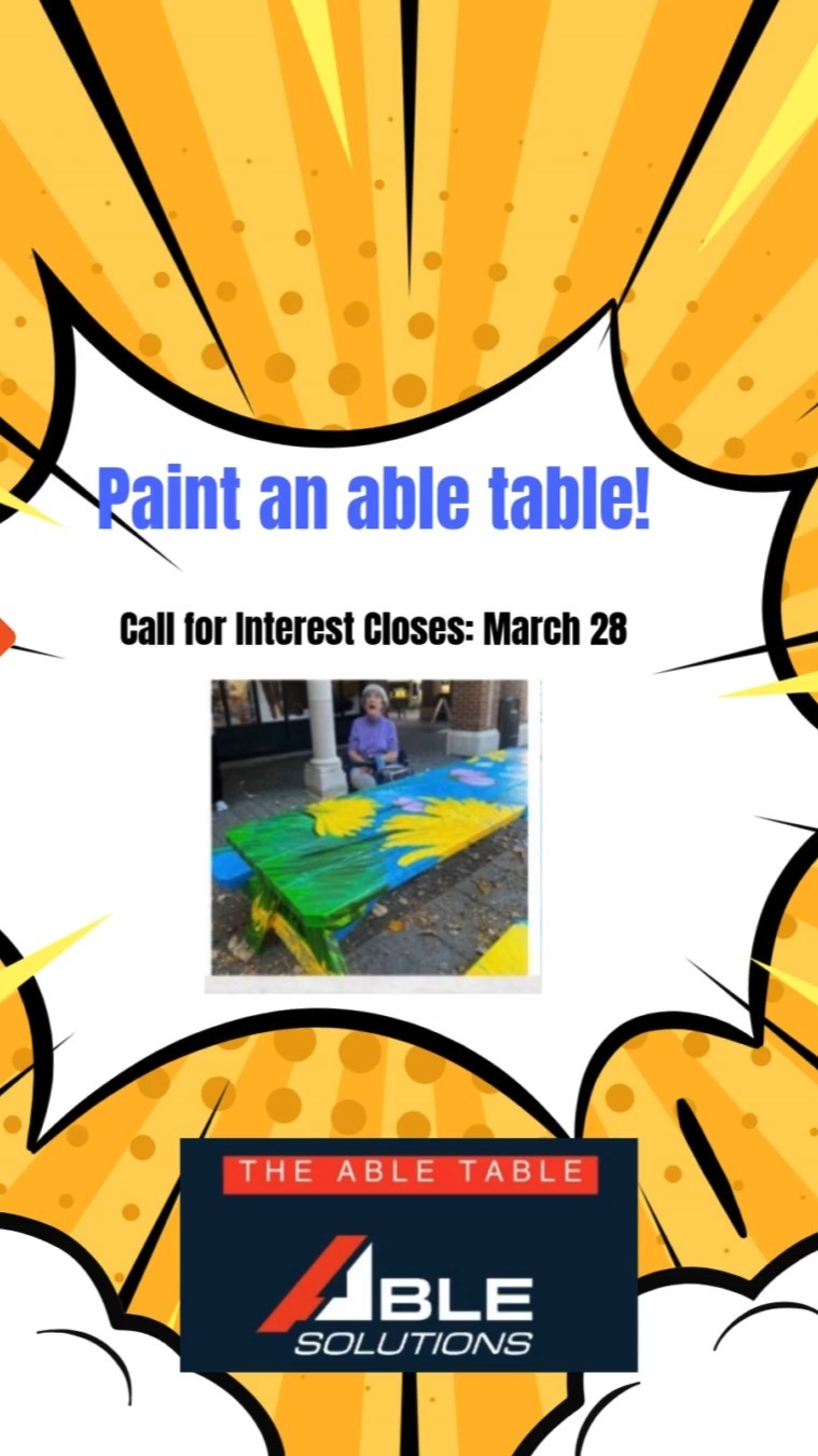 Submit your application https://forms.gle/KMn2sjmwX3ojY6Vg7
LOOKING FOR BRIDGEPORT ARTISTS! Paint an able table!
Project Timeline & Deadlines
Call for Interest Closes: March 28
Artists Selected: April 4
Design Submissions Due: April 18
Designs Approved: April 25
Final Artwork Completed: May 16
Able Table Dedication Ceremonies: June
How to Apply
Interested? Submit your application https://forms.gle/KMn2sjmwX3ojY6Vg7
DM me for more info!!