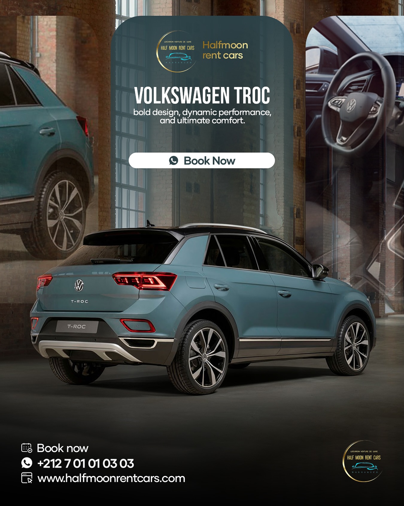 Volkswagen T-Roc, Bold, compact, and ready for any adventure.
Drive the Volkswagen T-Roc and experience style with comfort.
.
Contact us at +212 7 01 01 03 03
.
.
#cars #halfmoon #marrakech #maroc #luxury #carrent #location