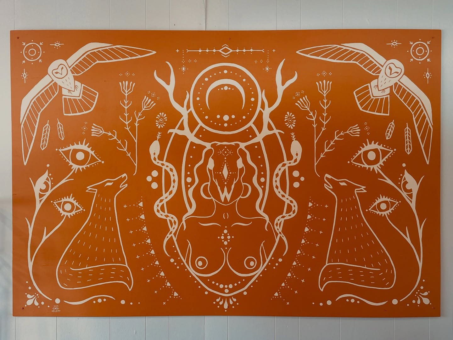 Ellen and I finished our beautiful studio altar panel back around the full moon when she was down last 🌕 it is imbued with so much love, determination, creativity, overwhelming inspiration and friendship/sisterhood.
Co-creating this piece together brought a remembering…of who we are, who we’ve been and who we want to be. It brought so much joy to both of us, and woke up some sleeping parts that I think we both missed.
It has inspired so much creativity and some damn big dreams. This beauty is the first of many more to come…filled with our studios guardians and guides…and our beautiful goddess with her skull mask and horns.
We hope to bring more of these to life in your own homes, businesses and sacred places. Guided by your own eco systems and the guides and guardians of those spaces.
Feeling this piece breath to life was powerful magic. I can’t wait to create again.