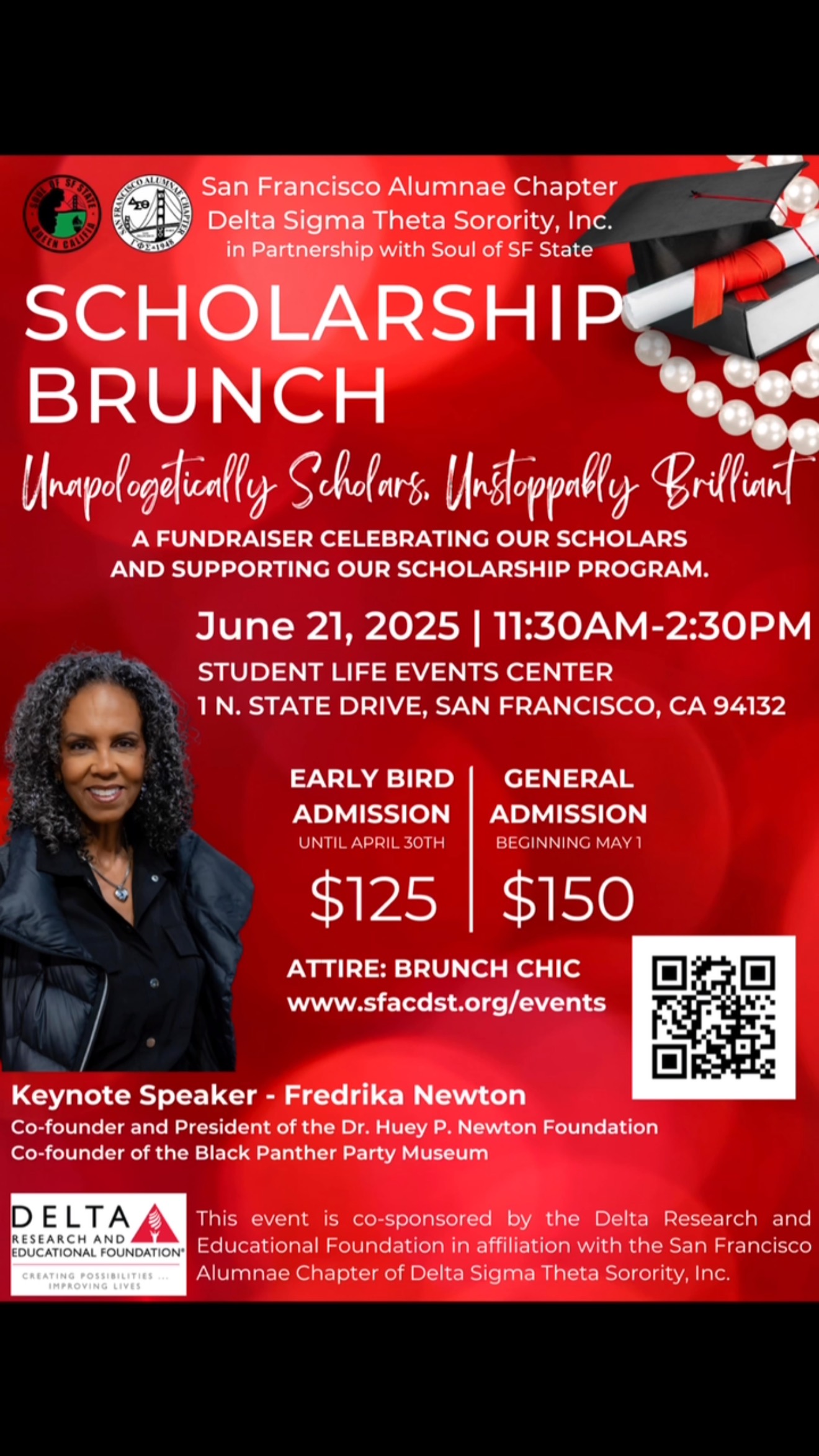 Join us for the San Francisco Alumnae Chapter’s Scholarship Brunch on June 21st from 11:30 AM to 2:30 PM at the San Francisco State Annex!
We’re excited to recognize our scholarship recipients and hear from our keynote speaker, @fredrikanewton .
This is a special fundraiser supporting our scholarship program, and we invite you to be part of this impactful event.
Sponsorship packages are available – let’s invest in the future together!
Sfacdst.org/events
#ScholarshipBrunch #SFAlumnae #InvestInEducation #SFScholarships #FredrikaNewton #CommunitySupport