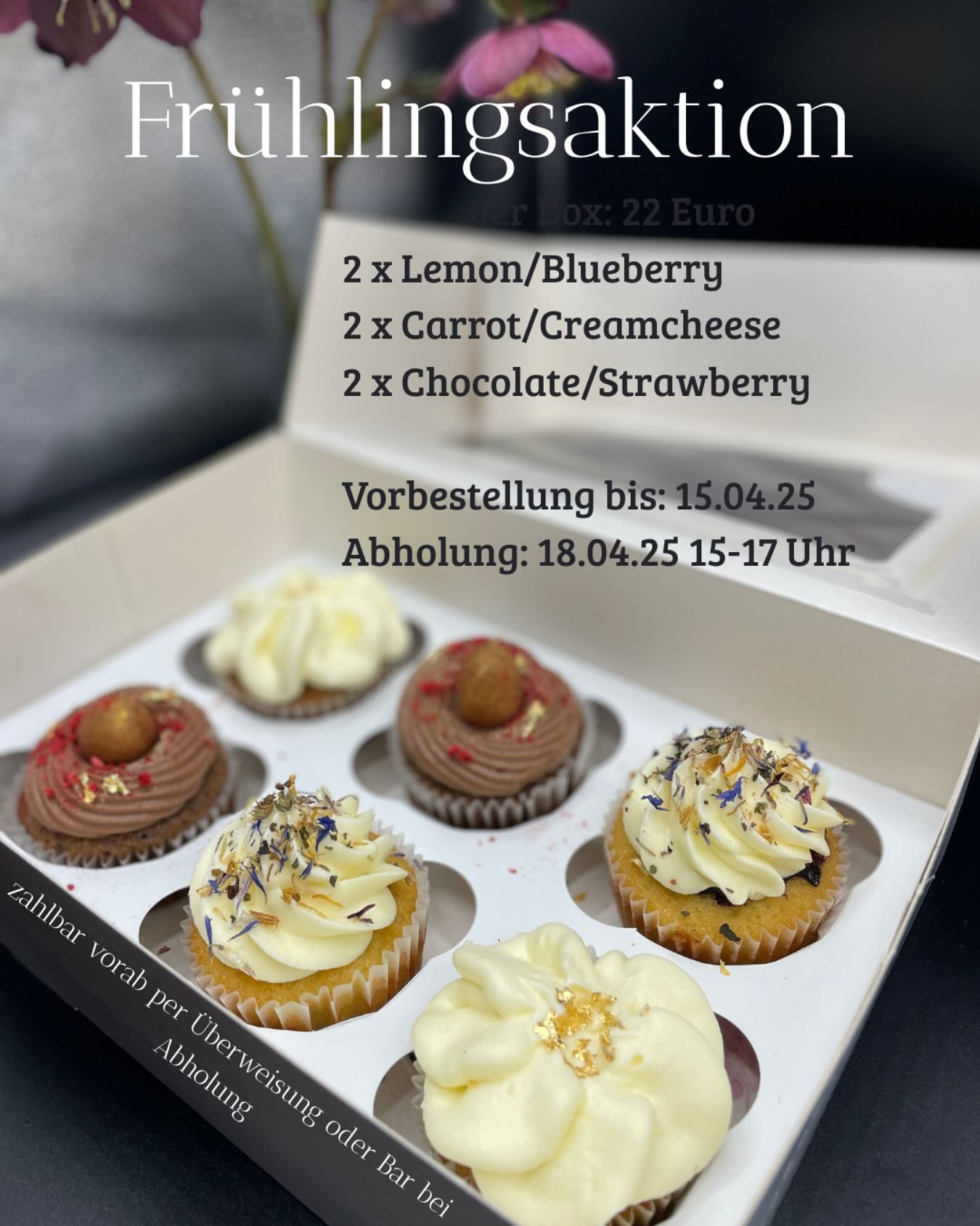 🧁
Der Frühling ist da und mit ihm die süßeste Versuchung des Jahres! 🌼✨
Ich laden euch ein, meine exklusive Cupcake-Box zu entdecken – perfekt für alle Naschkatzen und Frühlingsliebhaber!
🧁Vorbestellung bis zum 15.04.25 per DM 🧁
In dieser zauberhaften Box findet ihr 6 unwiderstehliche Cupcakes in den Geschmacksrichtungen:
🫐 Blaubeer-Zitrone – frisch und fruchtig, wie ein Spaziergang im blühenden Garten!
🍫 Schokolade-Erdbeere (mit Marzipan) – eine himmlische Kombination, die selbst die Schokoladenliebhaber zum Schmelzen bringt!
🥕 carrot-Creamcheese – der Klassiker, der nicht nur gesund ist, sondern auch einfach köstlich schmeckt!
Für nur 22 Euro könnt ihr euch diese süße Verführung sichern! 🤍
Die Bezahlung erfolgt ganz bequem per Überweisung oder bar bei Abholung.
📅 Holt eure Box am 18.04.25 zwischen 15 und 17 Uhr ab und lasst euch von meinen Cupcakes verzaubern!
👉 Sichert euch jetzt eure Box und lasst uns gemeinsam den Frühling feiern! 🥰
Ich freue mich auf eure Bestellungen!
#Frühlingsaktion #CupcakeLovers #SüßeVerführung #KonditoreiGenuss