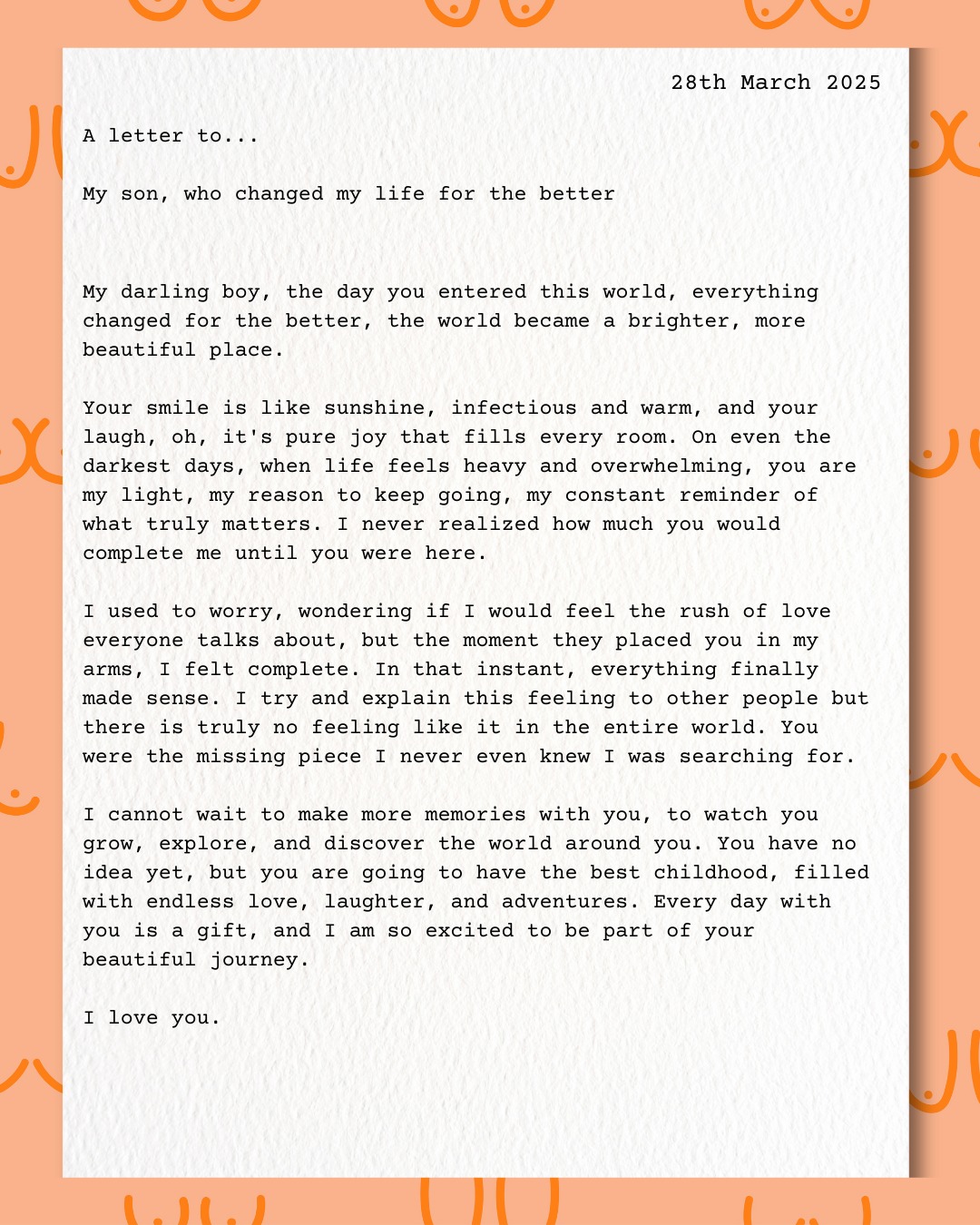 A Letter to... My son, who changed my life for the better💌
If you want to submit your own 'A letter to...', you can do this anonymously on the website, link in bio.
#ParenthoodJourney #NewParents #ParentingLife #ParenthoodUnplugged #ParentingWin #ParenthoodAdventures #ParentingMoments #ParenthoodRocks #ParenthoodUnfiltered #ParentingTogether #LifeWithKids #ParenthoodGoals #RaisingKids #ParentingLove #ParentingStruggles #FamilyFirst #SupportSystem #SupportEachOther #YouAreNotAlone #SupportAndCare #HelpingHands #KindnessMatters