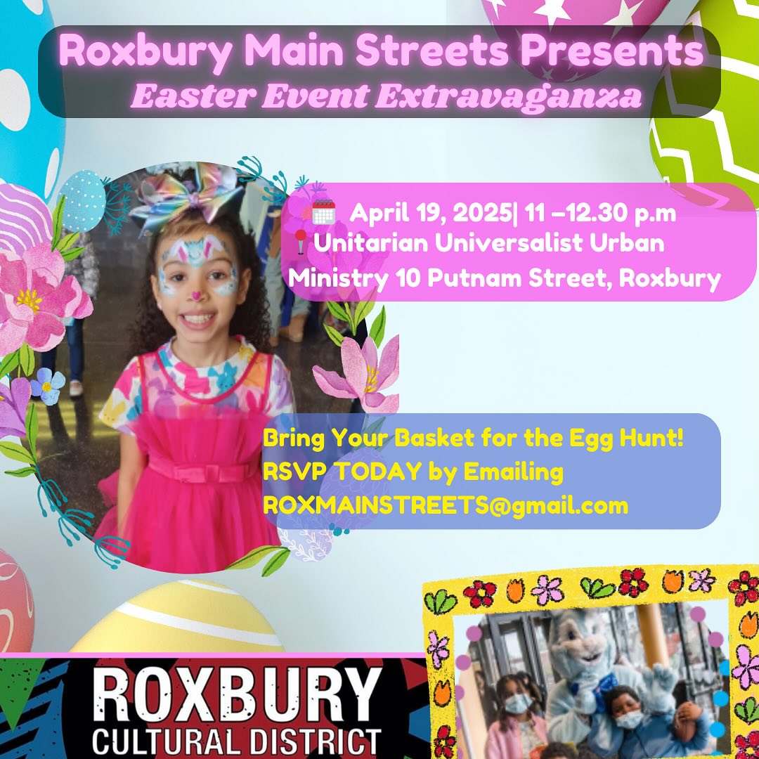 Come Hop into the Fun Saturday, April 19th with your kiddos! There will be 🥚 Egg-citing Prizes & Surprises! Don’t forget face painting, games, & more! 👧🏾👦🏽 It’ll Be A Day of Family Fun You Won’t Want to Miss! ❤️ Best part? It’s FREE! RSVP today by emailing ROXMAINSTREETS@gmail.com #RoxburyCulturalDistrict #Roxbury #RoxburyCulture #RoxburyArt #SupportRoxburyArtists #RoxburyEvents #RoxburyHistory #RoxburyCommunity #RoxburyInnovation #CulturalDistrict #RoxburyPride #RoxburyImpact #CelebrateRoxbury