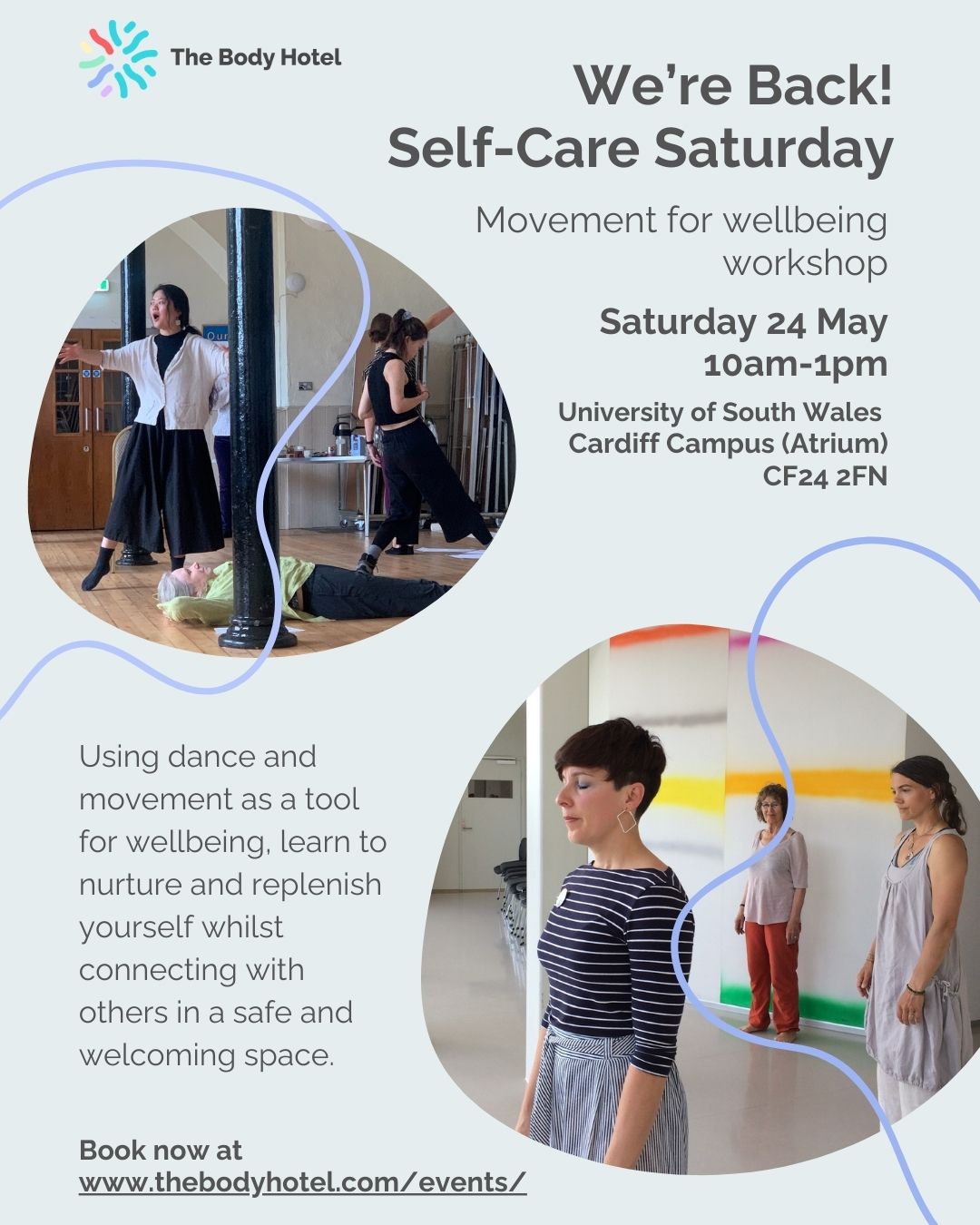 We're pleased to announce that our Self-Care Saturday Workshop is returning on 24 May!
Make sure to book your space for a day of wellbeing, movement and community. It's not to be missed!
#TheBodyHotel #SelfCare #SelfCareWorkshop #WhatsOnCardiff #Workshop