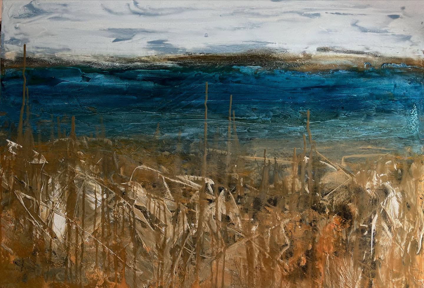 This one’s coming along …. It’s been a variety of versions but think I’m getting there. Needs some darker tones. #nothingiseverlost #beachwalk #happyplace #semiabstractlandscape #acrylicpainting #acrylic #welshartist #landandlight