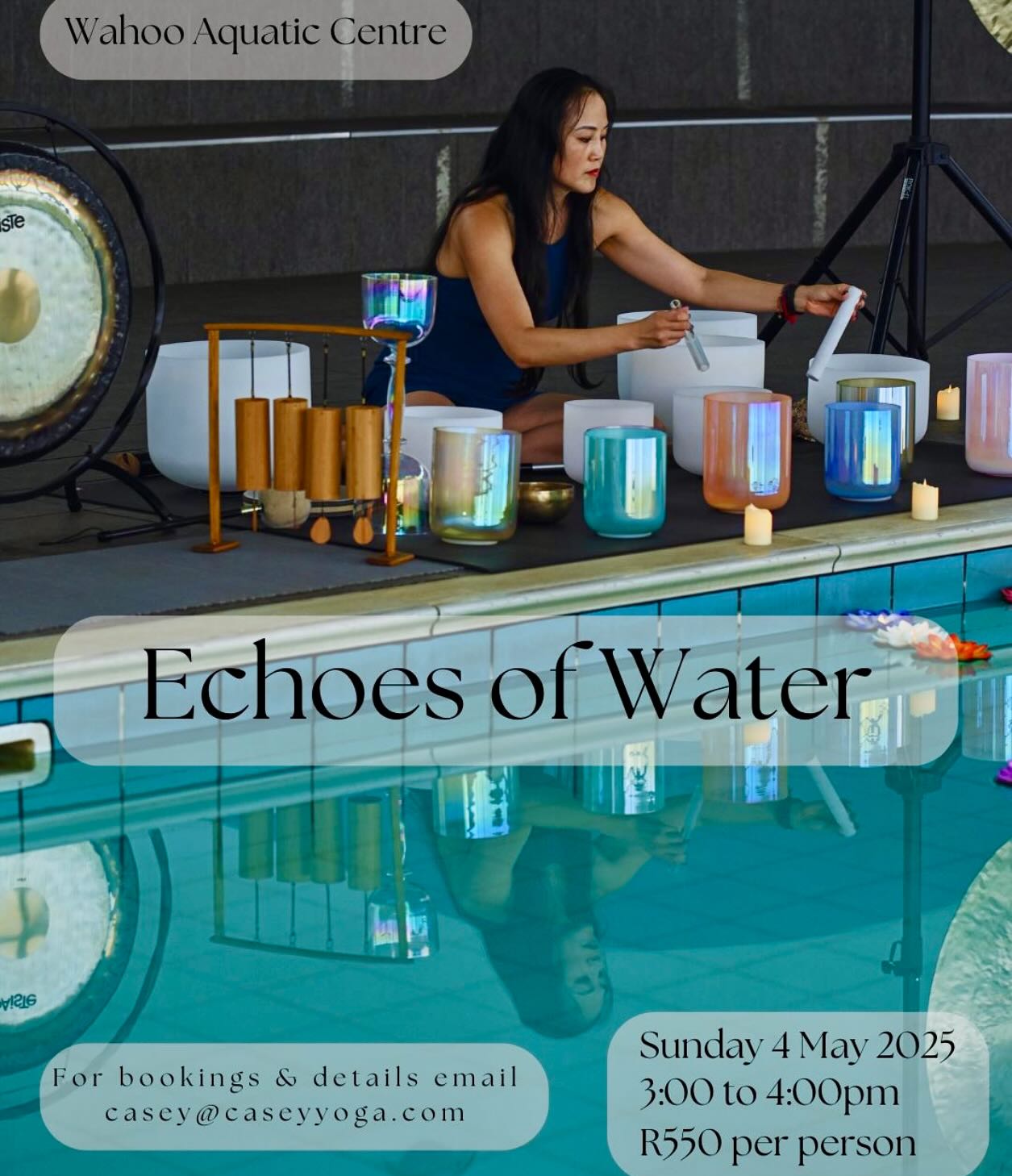 ✨ Echoes of Water: A Symphony of Sound. Floating Sound Journey ✨
Join us for a deeply relaxing and transformative Floating Harmony Sound Journey on 4 May 2025 at Wahoo Aquatic Centre, Sunninghill. 🌊🎶
Let the soothing vibrations of sound wash over you as you float effortlessly on water, releasing stress and embracing tranquility.
🗓 Date: Sunday, 4 May2025
📍 Location: Wahoo Aquatic Centre, 516 Maxwell Dr, Sunninghill, Sandton
🕓 Time: 3:00 PM – 4:00 PM (arrive by 2:30 PM)
💰 Investment: R550 per person
What to Bring:
✔️ A towel to lie on
✔️ A blanket for warmth
✔️ A change of clothes just in case 😉 (generally you don’t get wet when entering the pool)
✔️ An open heart & a positive attitude!
Spaces are limited!
Come float, relax, and reconnect. 💙✨
📩 DM or email me casey@caseyyoga.com to book or for more info! #FloatingHarmony #SoundJourney #DeepRelaxation #HealingVibrations #WaterTherapy #CCY