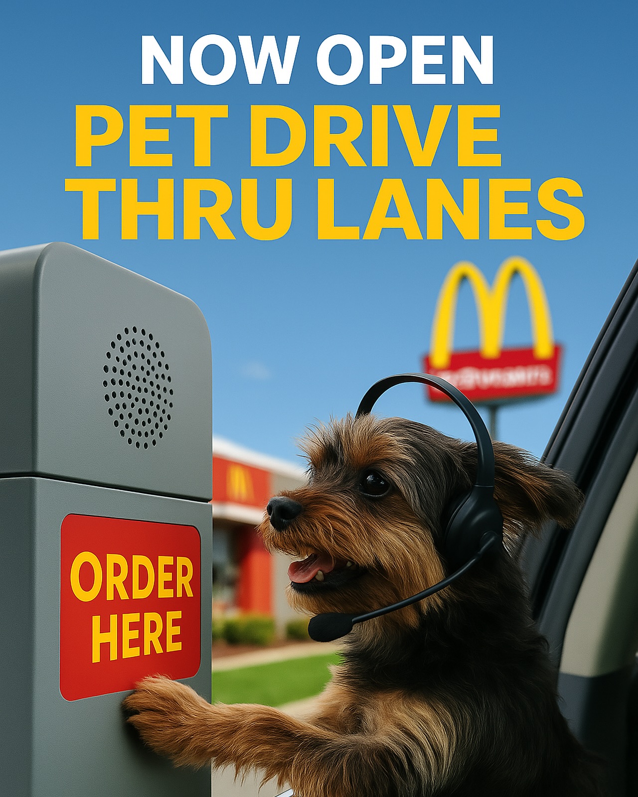 Starting today, our Pet Drive-Thru Lanes are open!
Because Fido deserves fast, friendly service too.
Ask about the Meow Meal for your feline friends!
#PetsDeserveFriesToo #aprilfools