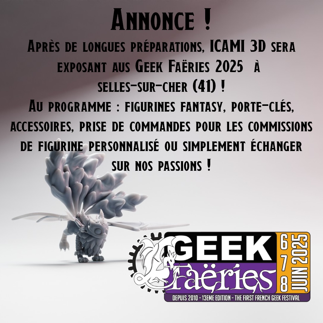 Bonsoir, grande annonce à vous faire !
Après un long moment d'absence, je suis ravie de vous annoncer que je participerai aux #geekfaeries 2025 en tant qu'exposante du 7 au 8 juin. 🎉 C'est un grand pas de pouvoir vous rencontrer et d'échanger sur nos passions.
Vous trouverez plus d'informations ainsi que la billetterie sur leur site : https://www.geekfaeries.fr
Au plaisir de vous rencontrer au festival de Selles-sur-Cher (41) ! 🐉
#medieval #fantasyworld #figurine #festival #3D #jdr
