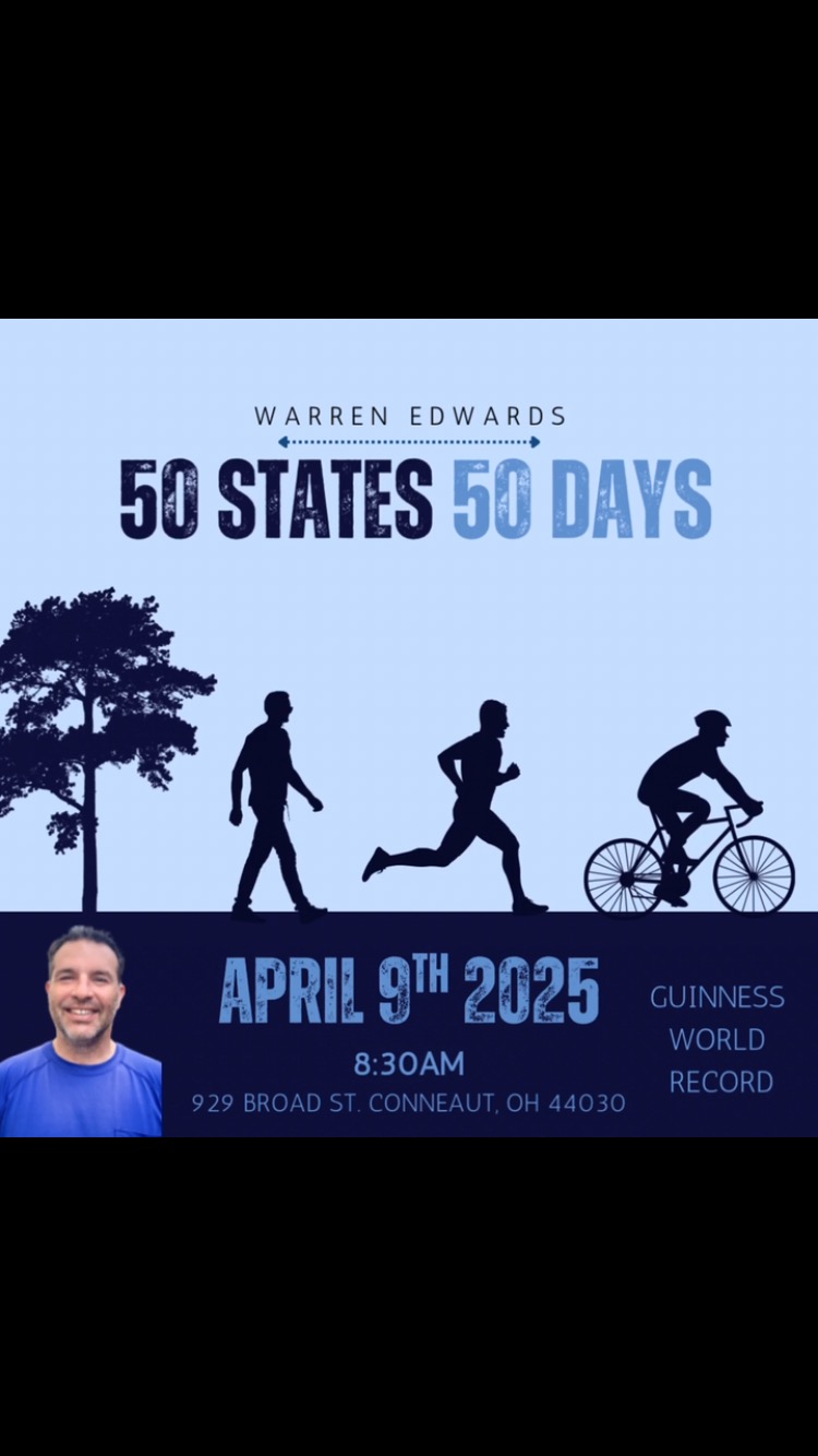🎉A Guinness World Record attempt is already in motion as of March 29, 2025, where Warren Edwards will walk/jog 13.1 miles and bike 36.9 miles daily over 50 consecutive days, covering a total of 2,500.5 miles across all 50 states.
Conneaut is invited to participate by joining in, showing support, and celebrating this remarkable journey, which aims to highlight the community’s spirit and promote local businesses.
📣Join us on April 9th at the Chamber/Port Authority building around 8:30 AM to cheer Warren on. From there his route will take him down Lake Road past Township Park and continue west on 531.
Follow his journey:
https://www.youtube.com/@50States50Days
https://www.facebook.com/WarrenG50States50Days
https://www.instagram.com/50state50days/
#conneautohio #warrenedwards #50states50days #guinnessworldrecord