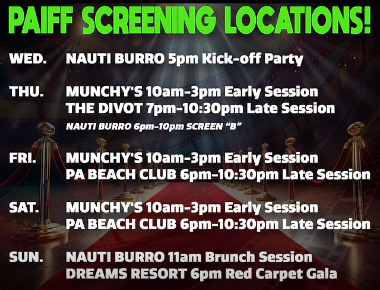Here’s our screening locations! You must have a pass to attend the sessions. Single session, day, and v.i.p. passes still available but hurry before they’re all gone! #paiff #pafilmfestival #puertoaventuras