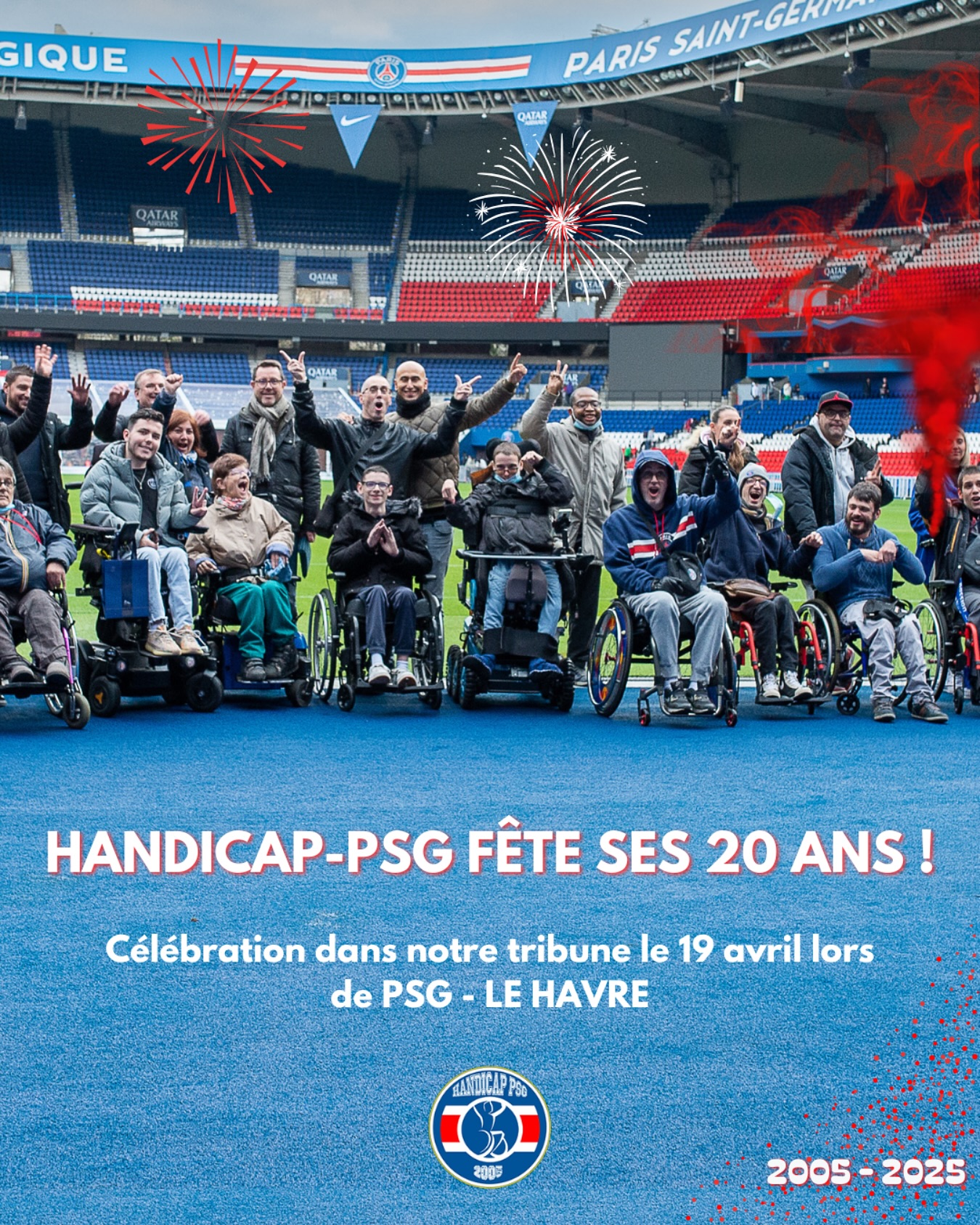 Handicap-PSG fête ses 20 ans d’existence ❤️💙🎉
Prenez note, le 19 avril lors de @psg - Le Havre, grande célébration dans notre tribune !
#handicappsg #parcdesprinces #anniversaire #psg