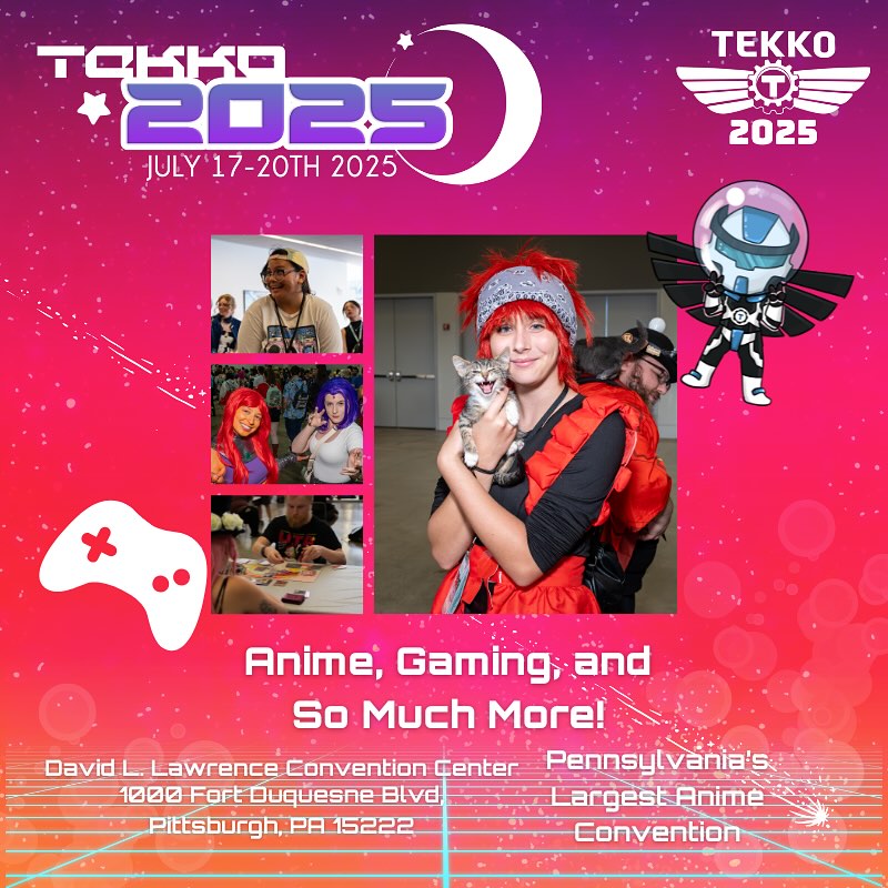 Haven’t gotten enough anime and gaming with ScottyCon? 🎮
Check out Tekko, Pennsylvania’s largest anime convention! With a whole weekend packed full of anime, gaming, and pop culture fun, Tekko has something for everyone. Get your tickets today:
https://www.eventeny.com/events/ticket/?id=13141
