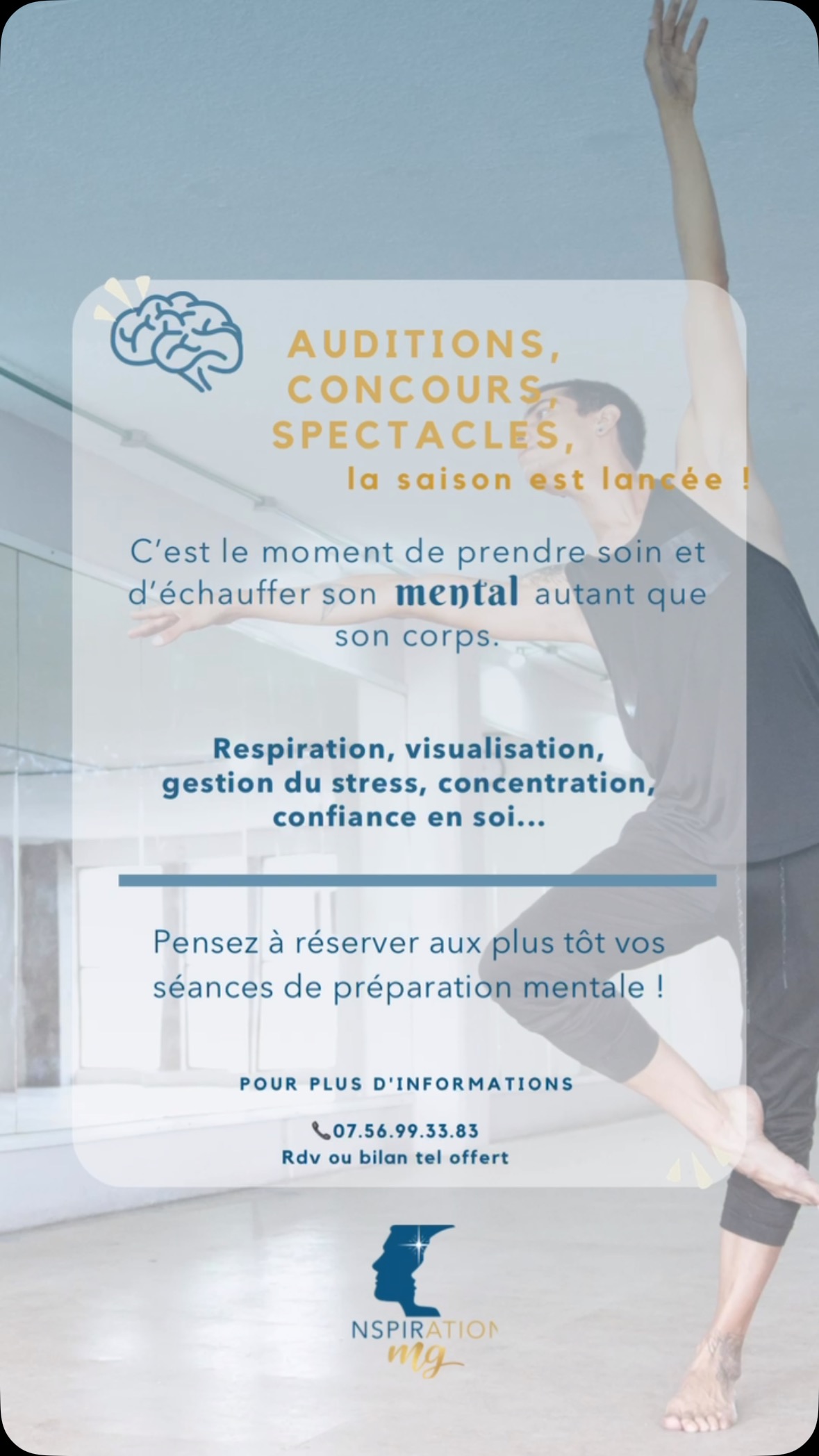 🩰🏅Auditions, concours, spectacles… la saison est lancée !
Les heures d’entraînement s’enchaînent, la technique se peaufine, le corps se prépare… Mais qu’en est-il du mental ?
Régulièrement je rappelle que le cerveau est aussi un muscle qui a besoin d’entraînement, de souplesse, d’adaptation….
Respiration, visualisation, gestion du stress, concentration, confiance en soi…
Ces éléments sont tout aussi essentiels que la souplesse ou la précision des mouvements.
Pensées parasites, trac, peur de l’échec ou du regard des autres peuvent entraver l’expression du plein potentiel. La préparation mentale permet d’apprivoiser ces émotions, de rester concentré et de monter sur scène ou en studio en pleine possession de ses moyens. Pour prendre du plaisir et émouvoir …✨
Ne pas laisser le stress prendre le dessus.
Préparer le mental comme le corps, c’est se donner toutes les chances de réussir.
📩 Pour une séance individuelle ou un accompagnement sur-mesure, me contacter en message privé.
Un bilan gratuit par téléphone est possible.
#ConcoursDanse #PréparationMentale #Danse #Danseur #Danseuse #PassionDanse #ConcoursDanse #AuditionDanse #Scène #Performance #Artiste #CorpsEtEsprit #GestionDuStress #ConfianceEnSoi #Concentration #Visualisation #Respiration #MentalDeGagnant #danseclassique #bordeaux #entredeuxmers #latresne @latresne33 #inspirationmg