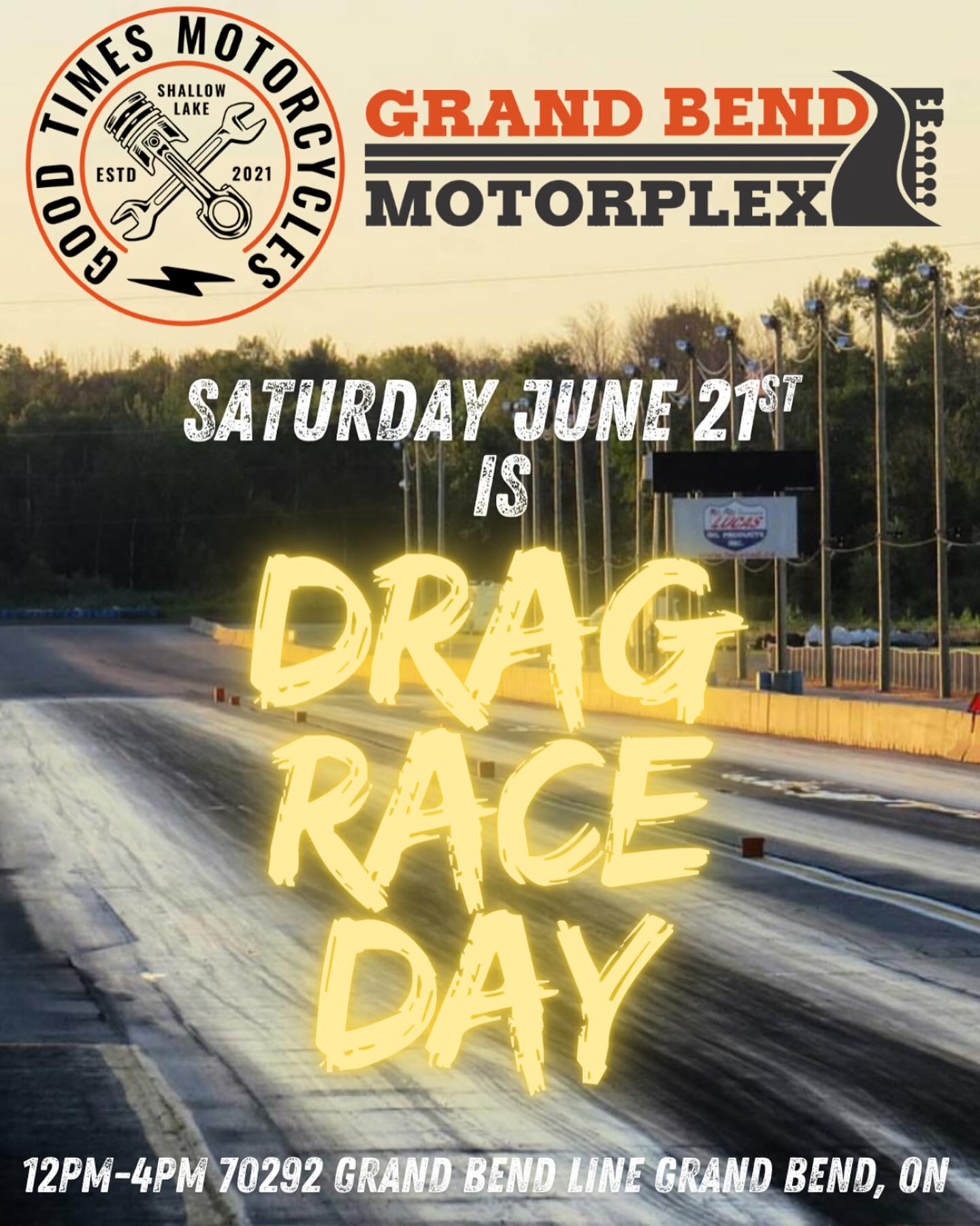We’re going racing! We’ve rented the drag strip at Grand Bend Motorplex for Saturday June 21st from 12pm-4pm.
We have 3 spots left if you would like to race your bike. There will be 12 bikes total racing. Contact Brian to book a spot as soon as possible.
We will also be doing a group ride down from the shop. Kickstands up at 9am.
Spectators are welcome and free for the Drag strip as long as you say you’re with GT CYCLE at the gate.
We’re really looking forward to this event and hoping everything goes well so we can make this an annual event. Fingers crossed for good weather.
Going to be a GOOD TIME!
Any questions feel free to call or text the shop 👍
Good Times Cycle
GT Cycle Inc.
Shallow Lake, ON 🇨🇦
519-935-2424
#goodtimesmotorcycleco #goodtimescycle #gtcycle #shallowlake #harleydavdison #grandbendmotorplex #vtwindragracing #trackday #dragraceday #owensound #portelgin #tiverton #kincardine #collingwood #grandbend #hanover #walkerton #markdale #flesherton #meaford #thebluemountains #roadglide #streetglide #softail #dyna #fxr