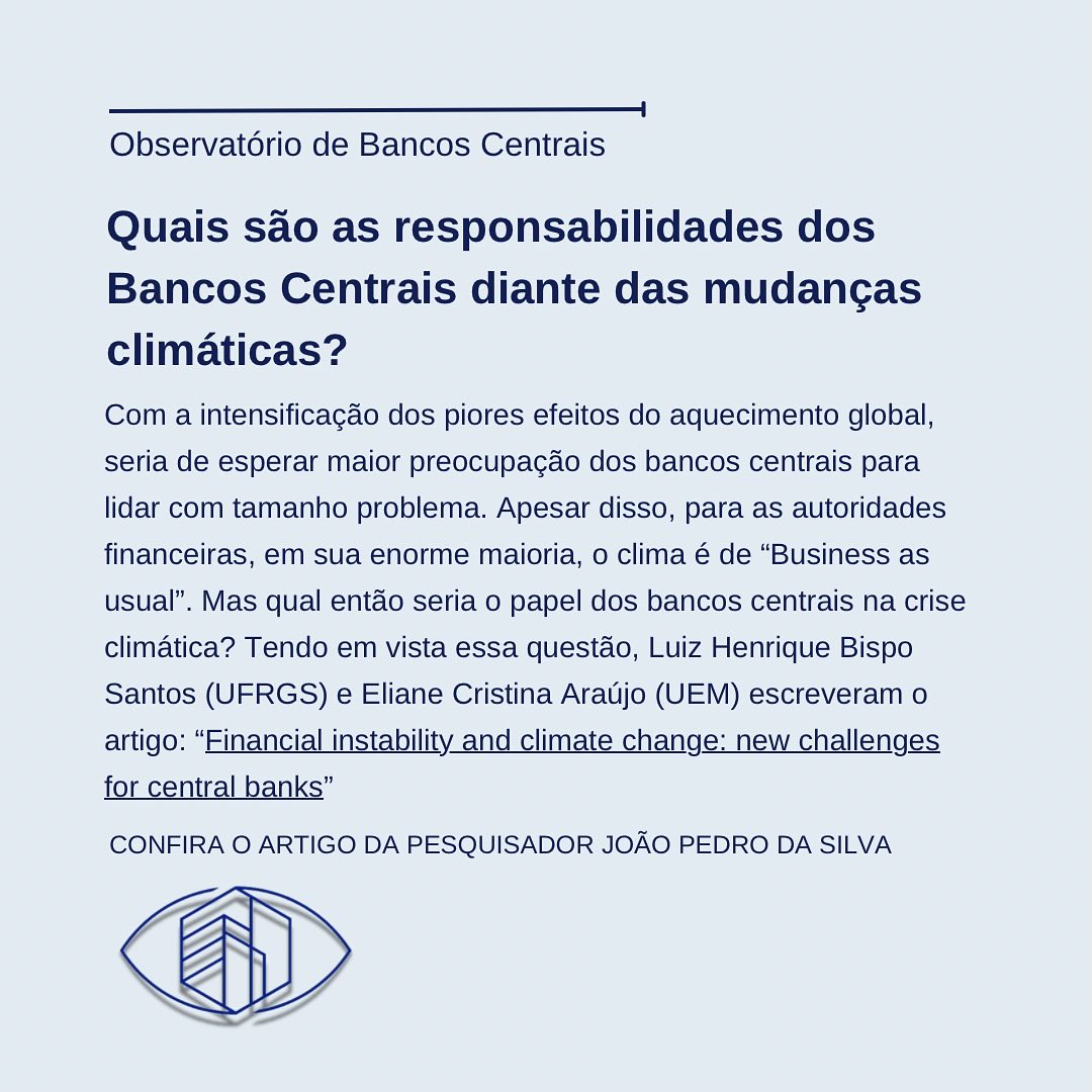 Atualmente as mudanças climáticas são um grande problema a ser enfrentado e revertido, nesse processo os Bancos Centrais e as instituições ocupam um lugar chave.
Mas quais são as responsabilidades diante os desastres ambientais?
Para saber mais acesso o site do Observatório!
#bancocentral #economia #observatório
