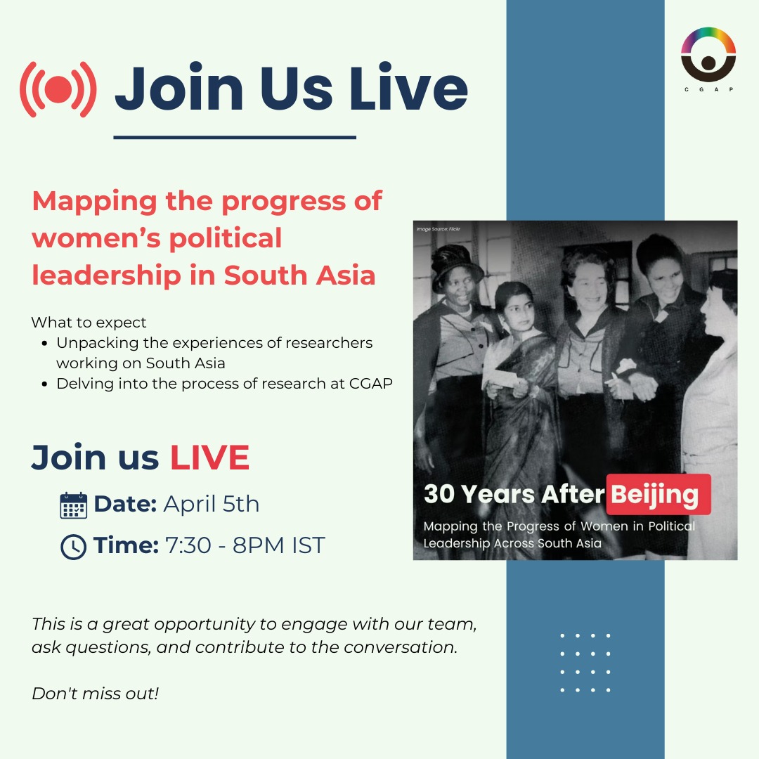 Excited to announce our upcoming LinkedIn Live session discussing our research brief, "Mapping the Progress of Women in Political Leadership Across South Asia," on April 5th, 7:30-8 PM IST.
Join us as we unpack the progress and challenges, and explore the future of women in political leadership.
We want to hear from YOU!
Send us your questions in advance or during the live session. We look forward to your participation and questions! #ResearchBrief #LinkedInLive #WomenInPolitics #SouthAsia #GenderEquality