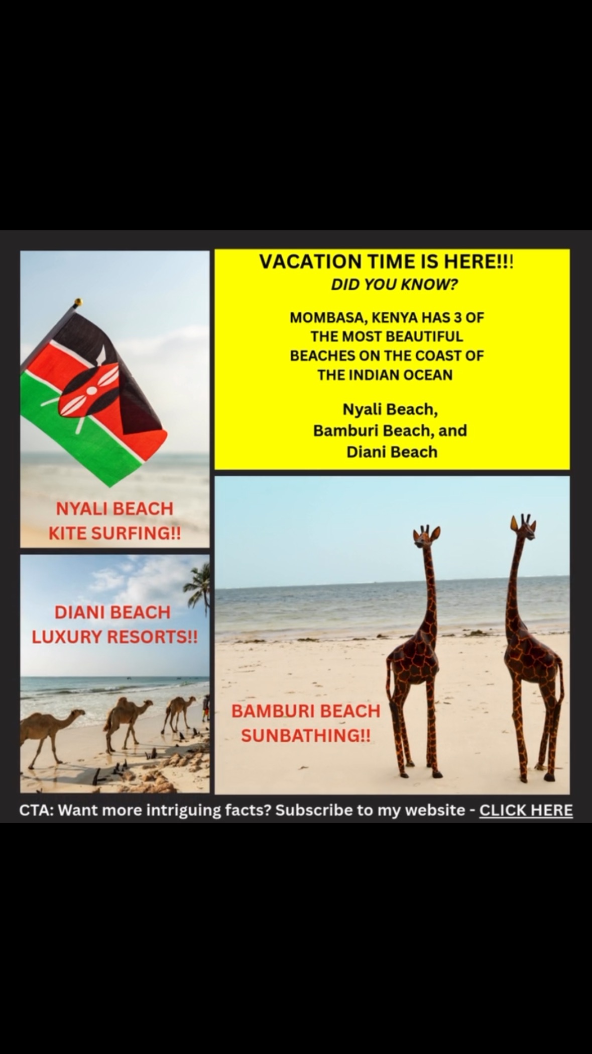 Have you sorted out your beach vacation plans yet?
If not, may I suggest the fabulous destination of Mombasa, Kenya? Mombasa is the ultimate beach vacation spot, boasting a vibrant coastline, a plethora of cultural attractions, and easy access to thrilling safari adventures. It’s the perfect choice for those looking to soak up the sun and sea or for those seeking a unique combination of beach and safari experiences.
During my travels to Africa in 2023, I had the pleasure of visiting Diani Beach in Mombasa. This popular destination is renowned for its breathtaking natural beauty, featuring pristine white sands, crystal-clear waters, and swaying palm trees. It’s the ideal blend of relaxation, excitement, and cultural immersion.
If Diani Beach doesn’t tickle your fancy, you might want to consider Nyali Beach. This gem offers a perfect mix of relaxation and activity, with its white sandy shores, clear waters, and close proximity to various attractions. Whether you’re into water sports, exploring the area, or just chilling out, Nyali Beach has got you covered.
And let’s not forget about Bamburi Beach! This beach is all about relaxation and cultural experiences, making it a top choice for sun-seekers and those craving authentic interactions. With its lively atmosphere, local charm, and easy access to attractions, Bamburi Beach is a must-visit for anyone looking for a memorable coastal getaway.
So, what are you waiting for? Pack your bags and head to Mombasa for the beach vacation of a lifetime!
For more suggestions on places to visit in Africa, subscribe to my website at CLICK HERE and gain access to my free directory of all the places I visited!
Jambo~
https://www.venidadiscoversafrica365.com/contact-7#