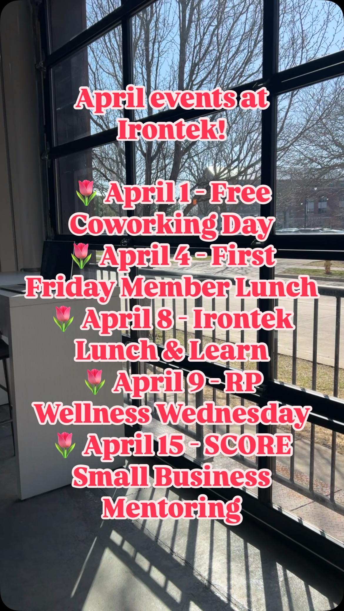 Screenshot this now and join us this month! April at Irontek is packed with opportunities to learn, connect, and grow! 🌸✨ Whether you’re looking to sharpen your marketing skills at our upcoming Lunch & Learn with @soshealcirclemarketing (more to come!), get expert business advice, or just enjoy a day of coworking with awesome people, we’ve got something for everybody!
Join us for a month full of learning, networking, and fun. Don’t miss out! #Irontek #AprilEvents #CoworkAndConnect