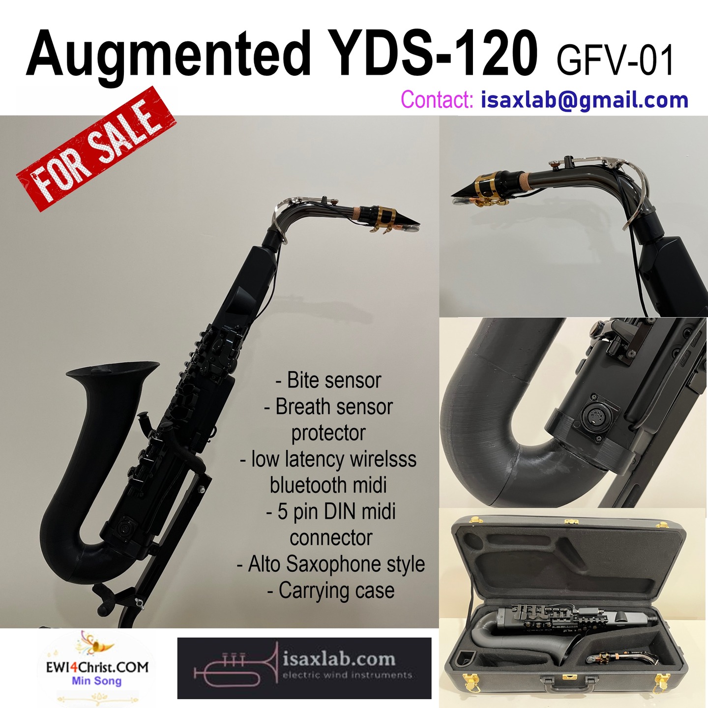 I have received numerous requests to sell my modified instruments. In response, I have upgraded my augmented YDS-120 to meet these demands. This version, named "God Is Faithful(GF)" features a bite sensor and low-latency wireless Bluetooth connectivity. The bite sensor's MIDI signal is seamlessly merged with the YDS MIDI output.
For those who find BLE Bluetooth MIDI unreliable, I have included a traditional 5-pin DIN MIDI connector. This instrument is configured as a digital alto saxophone. To protect the YDS breath sensor from moisture, a specialized internal breath sensor protection tool has been implemented. Additionally, a 3D-printed saxophone bell enhances its design.
The instrument is powered by a rechargeable USB power bank for convenience and portability. The first customer will receive it with a classic alto saxophone case.
If you are interested, please visit my store http://iasxlab.com. You can also contact me via email at isaxlab@gmail.com.
#ewi #windcontroller #ewi4christ #yds120 #yds120sax
#isaxlab