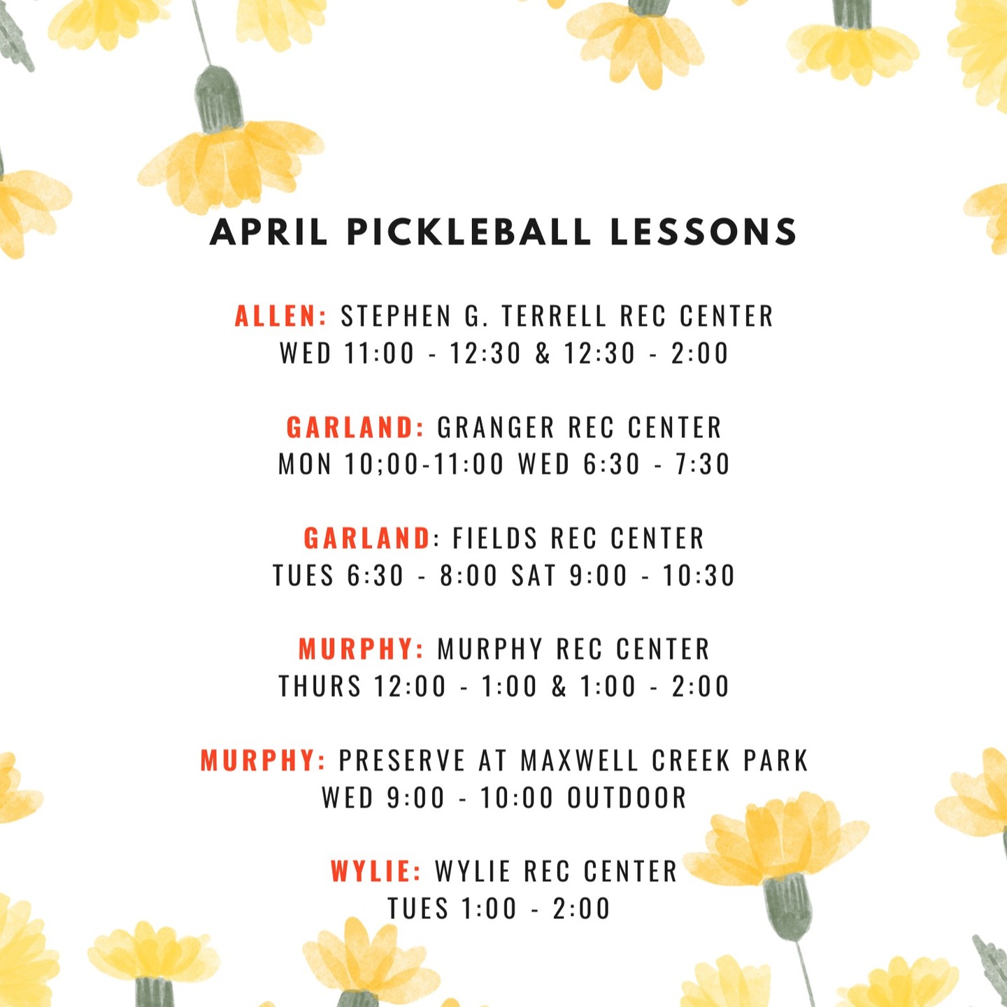 Clemmer Classic Pickleball Community - we need your help to spread the word on all the great pickleball activities that we have planned this spring and summer!
Spring lessons - here's the April schedule of pickleball lessons. Now is a great time to try an outdoor lesson at the new courts in Murphy or join us indoors at recreation centers in Allen, Garland, Murphy or Wylie. We have beginner and intermediate lesson, skills and drills and lessons for Seniors.
Link in Bio - register for the class the best fits your schedule.
April Note: we are going to take a break from the Wylie Thursday evening class, but we have another evening class on Wednesdays in Garland.