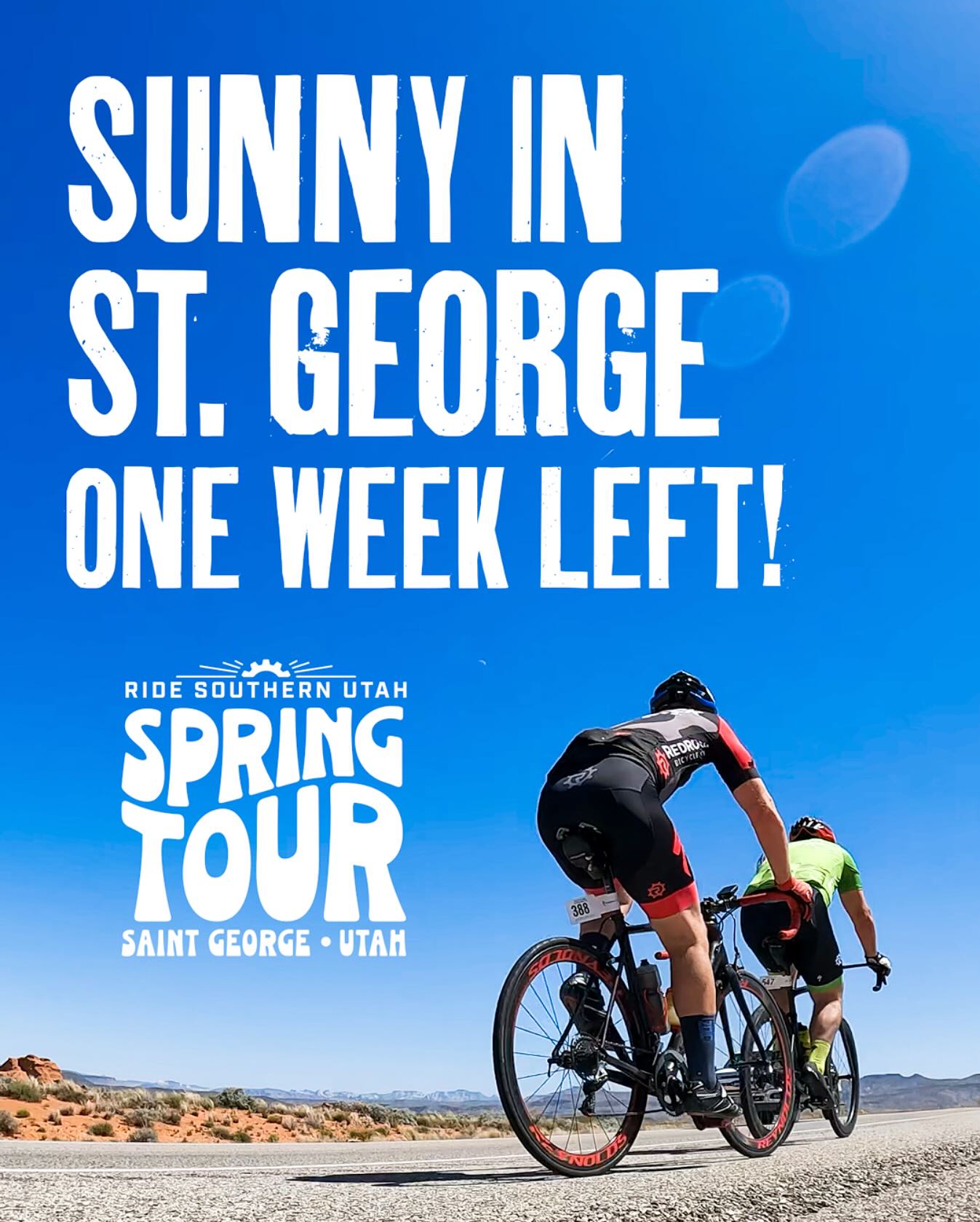 SUNNY IN ST GEORGE!
☀️ ONE WEEK LEFT!
Sign up now for Spring Tour!
The Weather Will Be Amazing!
Spring Tour of Utah is just one week away! With a perfect forecast of warm weather and sunny skies, it’s shaping up to be an unforgettable ride. Spots are still available—but going fast—so don’t wait! Register now and join us for an epic day with Ride Southern Utah!
Check website for full details
Link in Bio
#UtahCycling #RoadCyclingUtah #ExploreUtah #UtahBiking #CyclingAdventures #UtahOutdoors #RoadBikeLife #WasatchCycling #UtahSports #BikeUtah #RideSouthernUtah